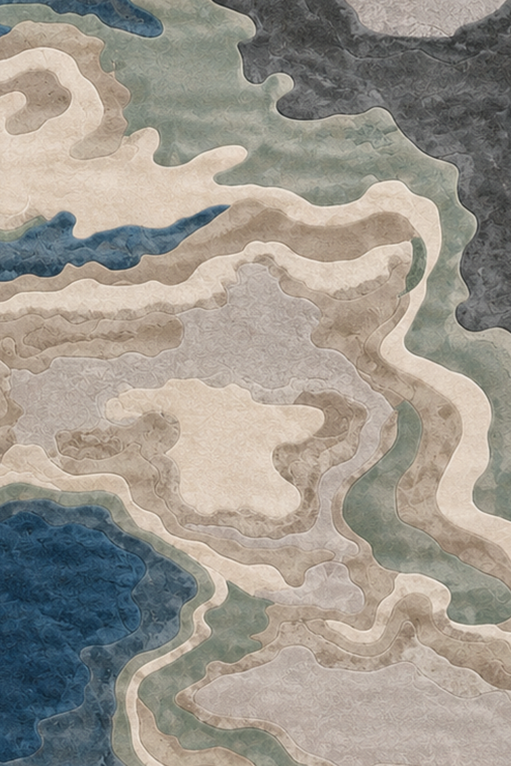 Close-up of Coastal Strata Rug, showcasing abstract contour design in blue, taupe, and stone hues, highlighting coastal strata hand-tufted rug.