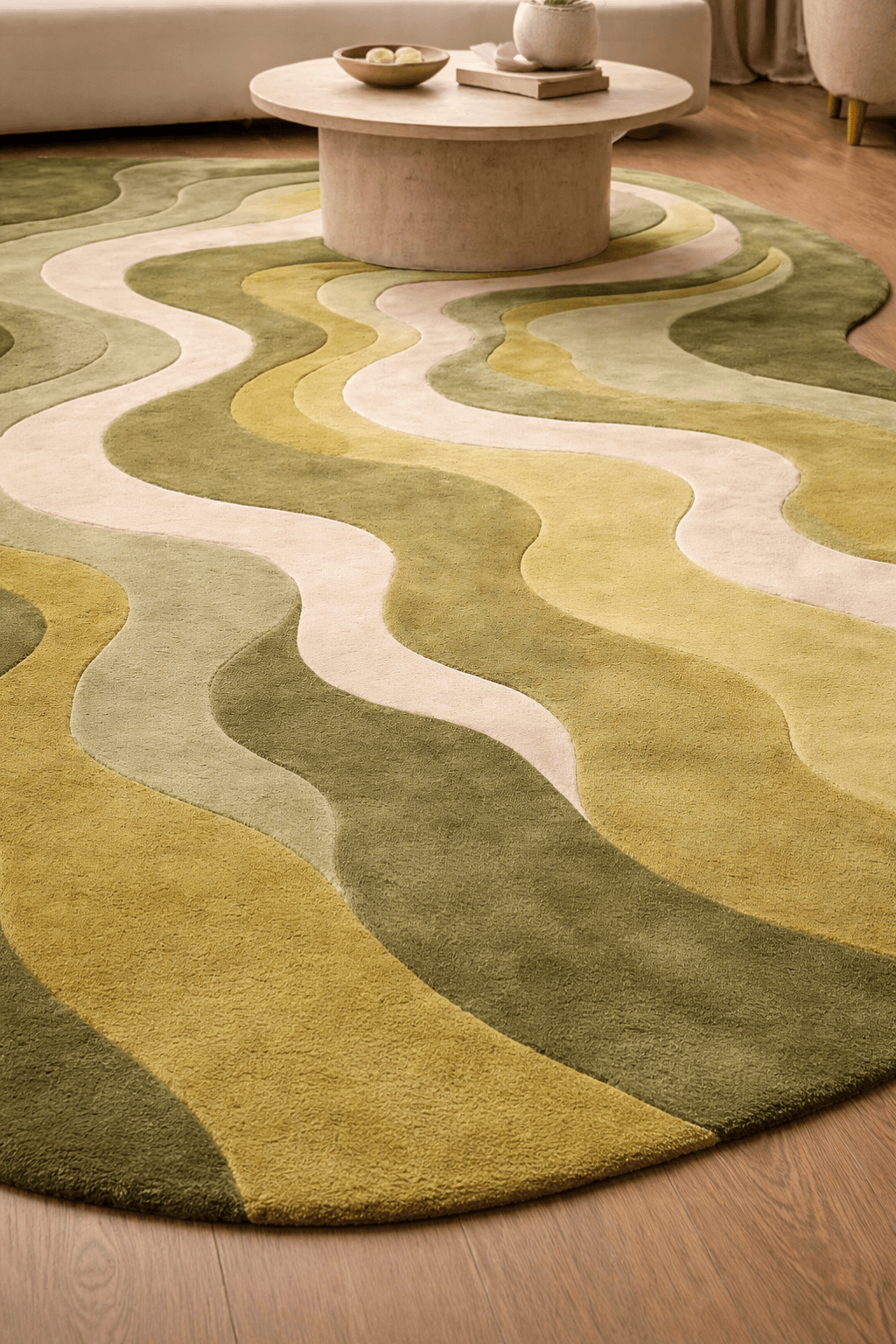 nature-inspired flow rug showcasing olive, sage, and ivory tones in a dynamic wavy design, enhancing modern decor.