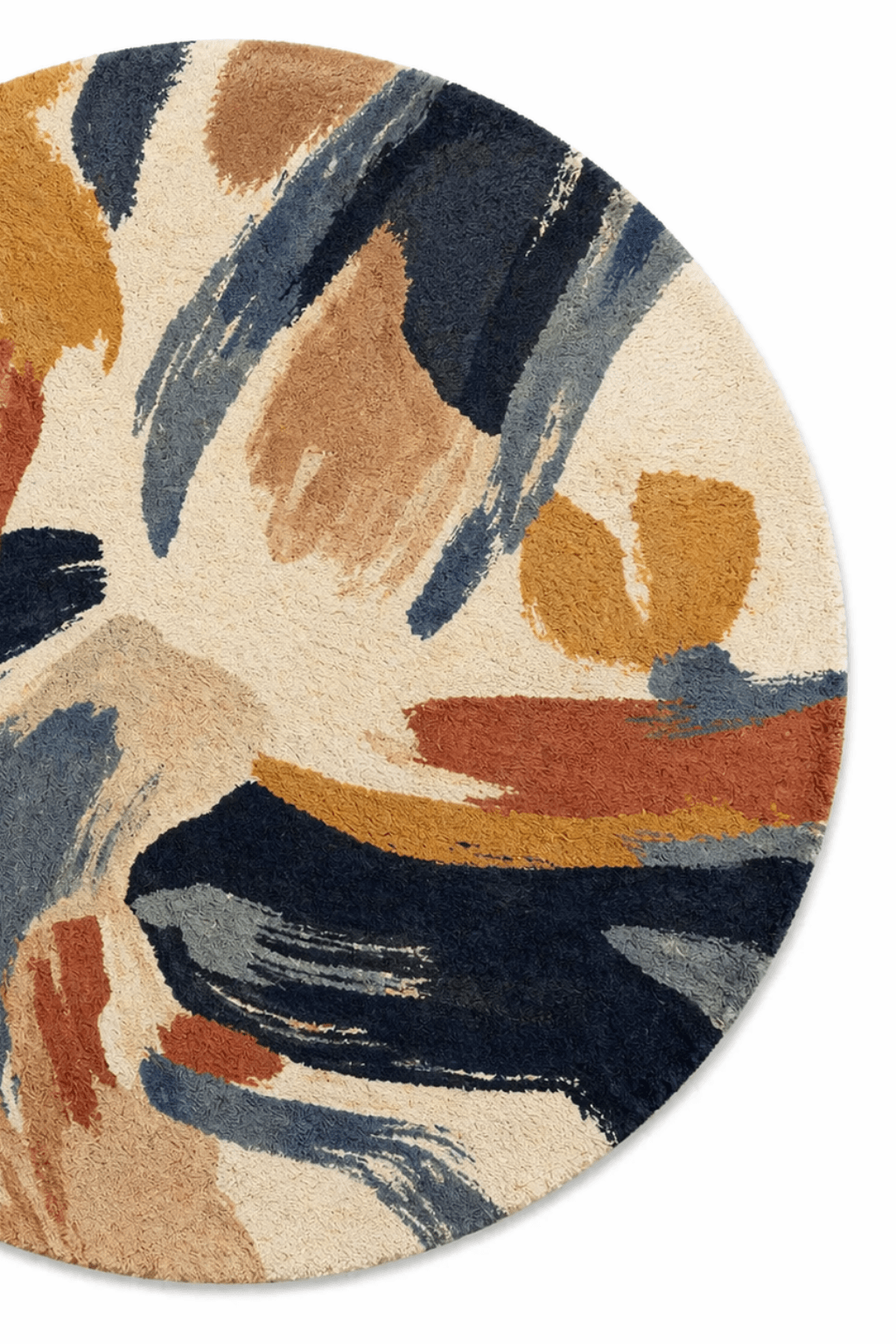 Artistic round area rug featuring expressive brushstrokes in deep indigo and warm rust tones.