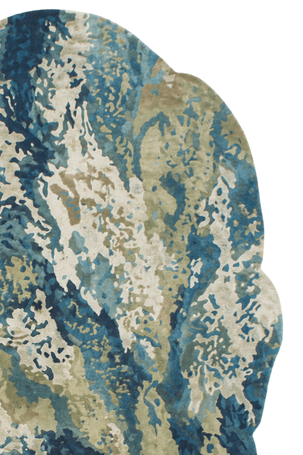 Ocean Terrain Sculpted Rug showcasing intricate sculptural details and organic flow of water in deep teal and muted sage.