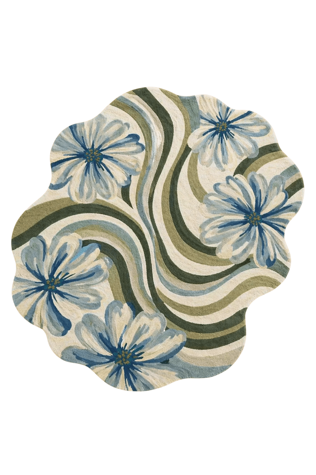 Modern floral area rug featuring blue flowers and flowing green and ivory waves.