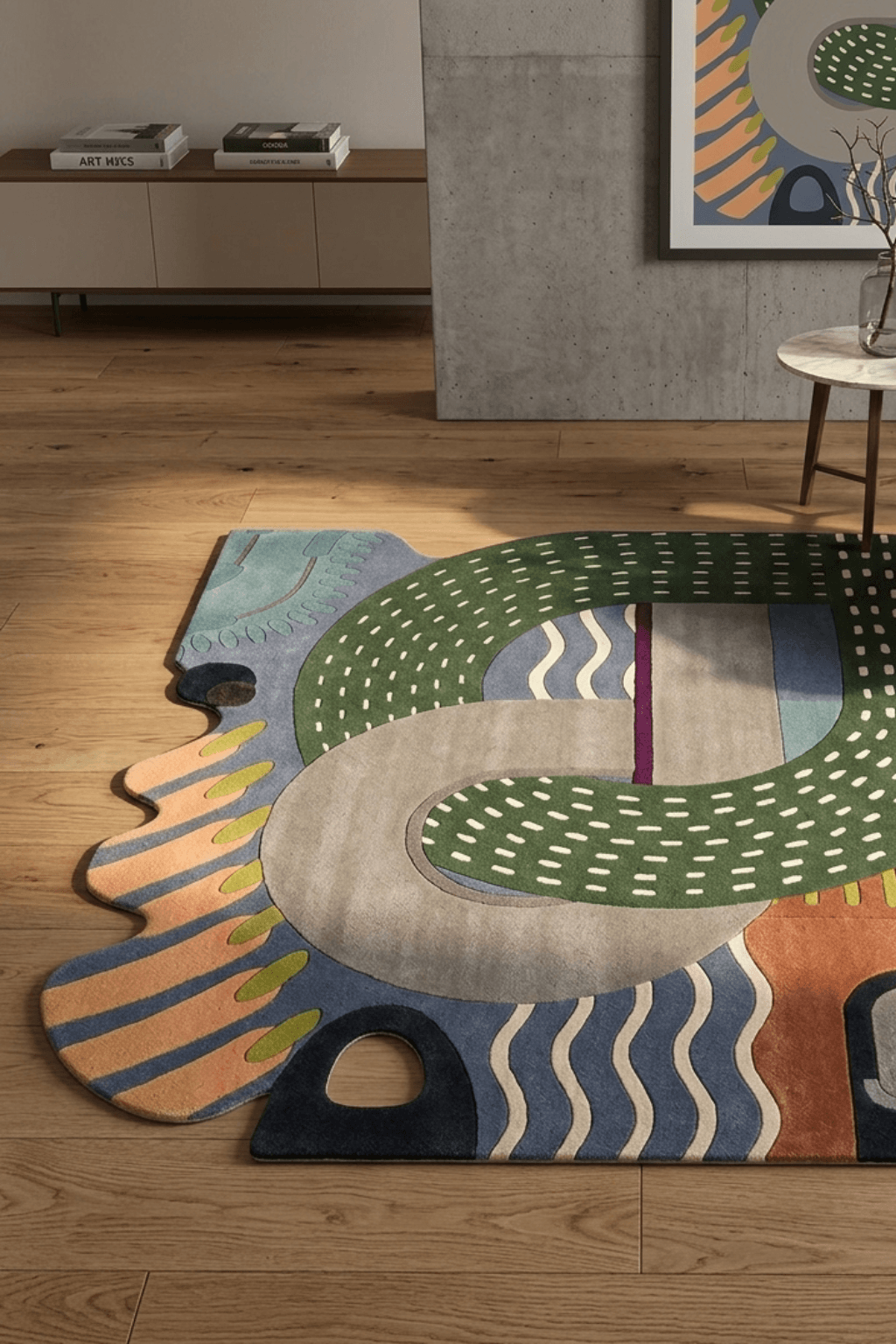 Chroma-Flow irregular area rug with a unique design and vibrant colors on a wooden floor.