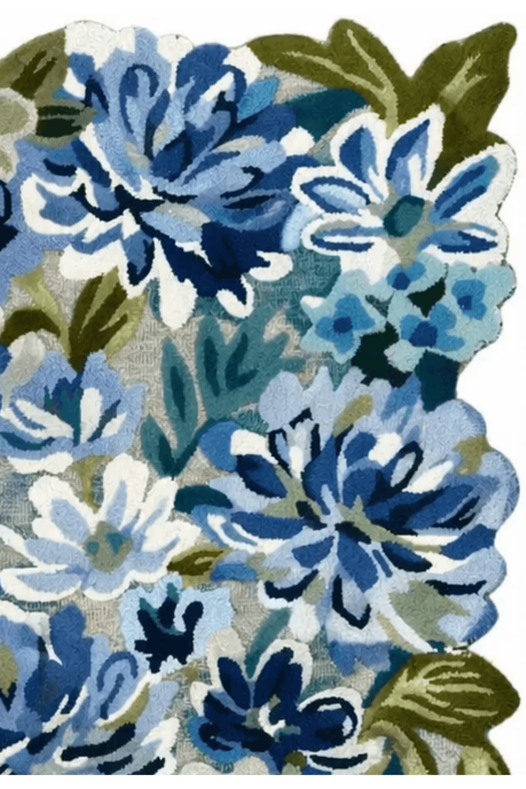 Azure Bloom hand-tufted floral area rug showcasing a vibrant arrangement of blue and ivory flowers.