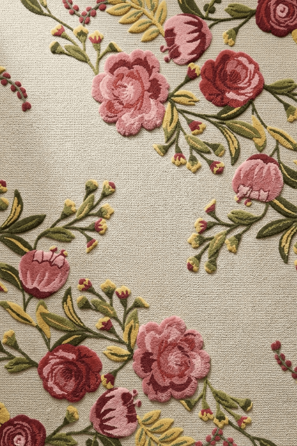 Floral hand-tufted rug featuring vibrant pink roses and green foliage on neutral textured background.