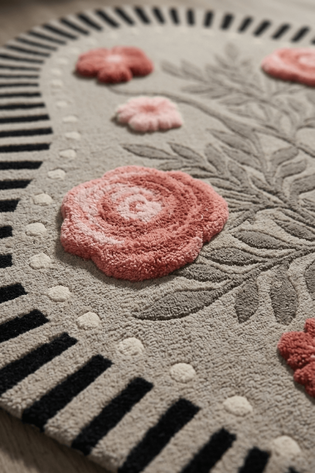 Close-up of a botanical irregular sculptural rug with floral design and striped border.