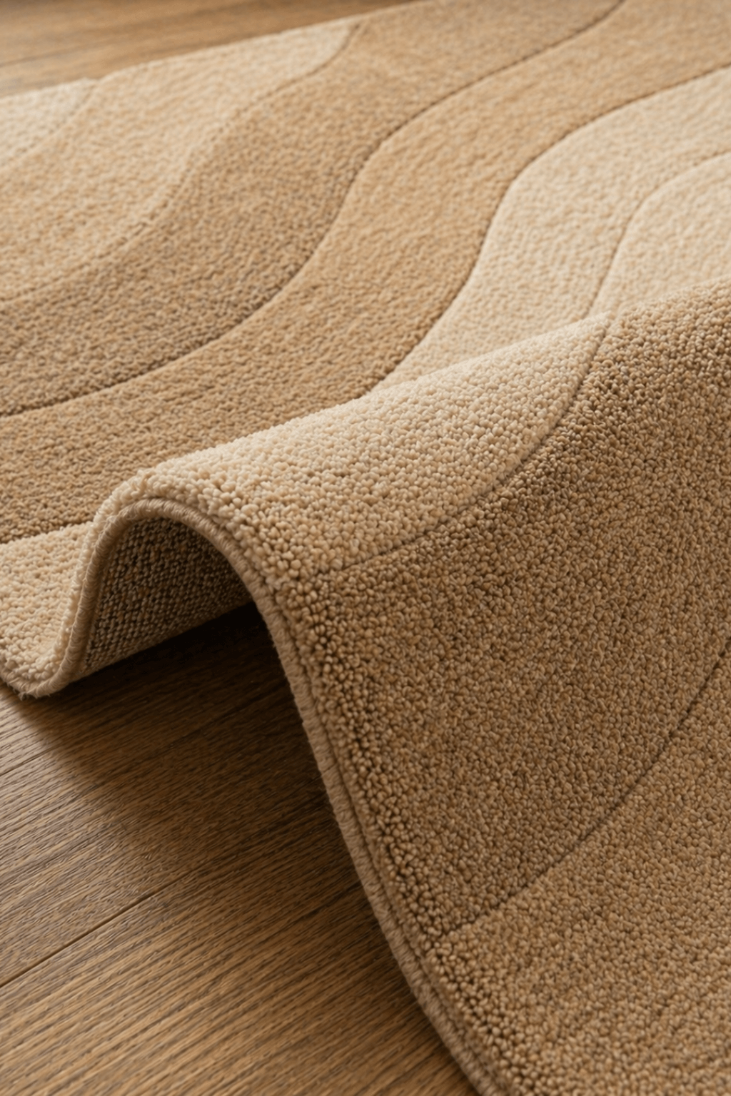modern geometric rugs Dune Flow showcasing soft, undulating lines in warm beige and sand tones.