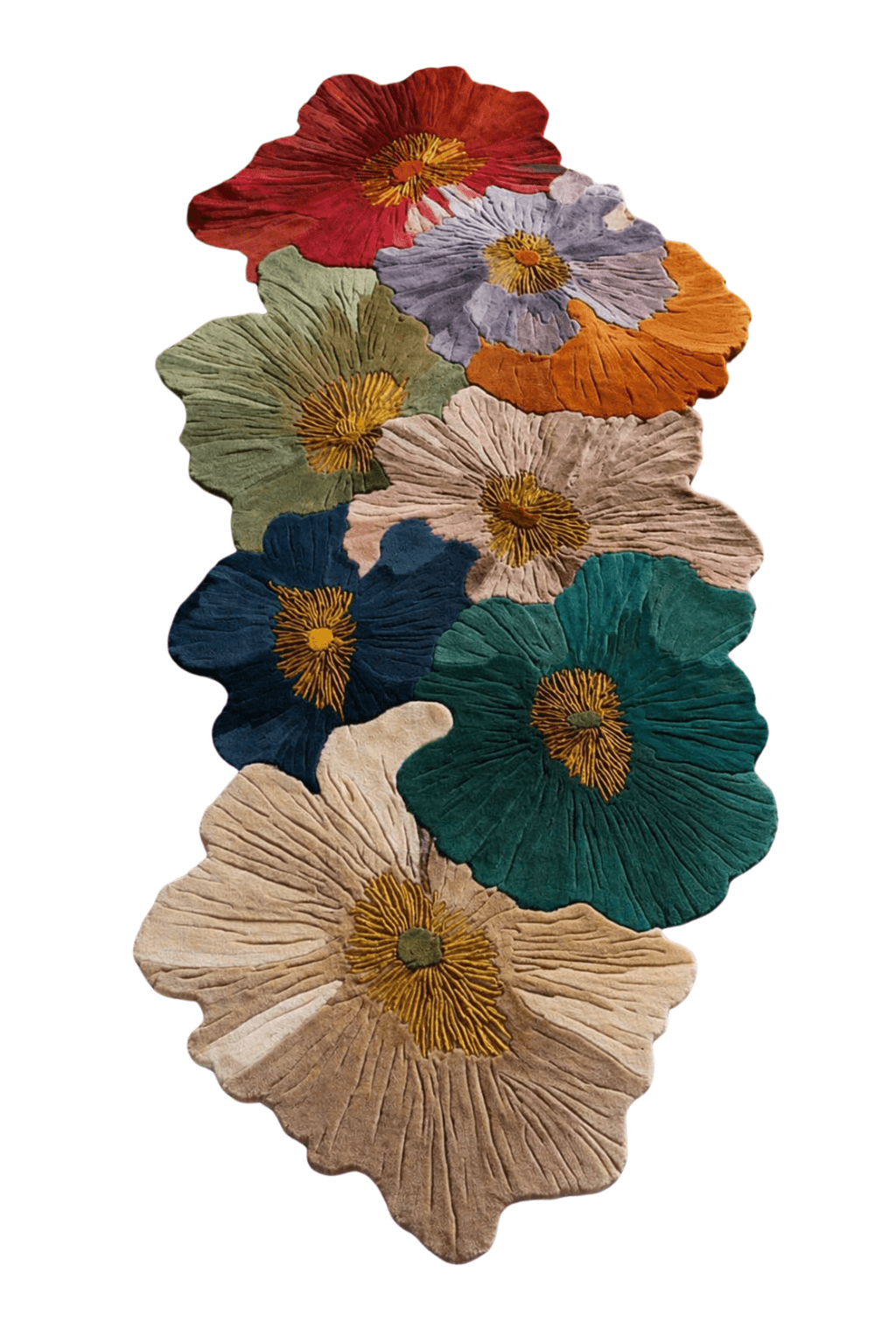 Colorful sculpted floral rug featuring artistic floral designs in various hues and textures.