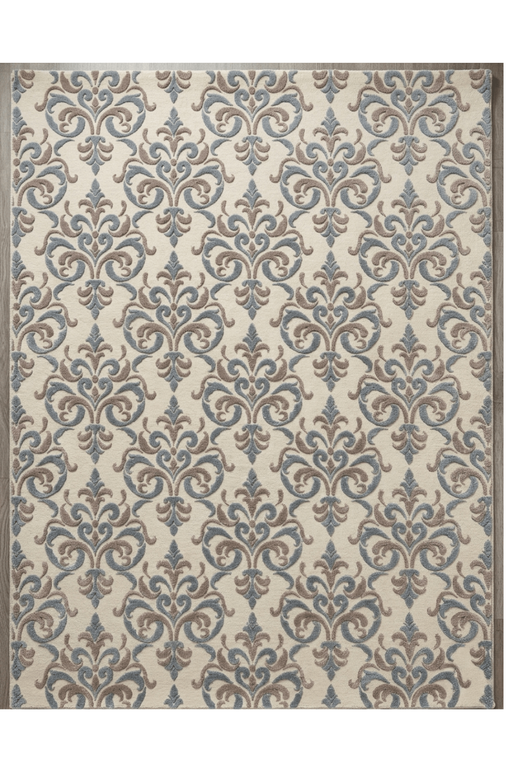 Fleur-de-Lis Sculpted Medallion Rug with cream base and slate blue, taupe accents, featuring intricate patterns.