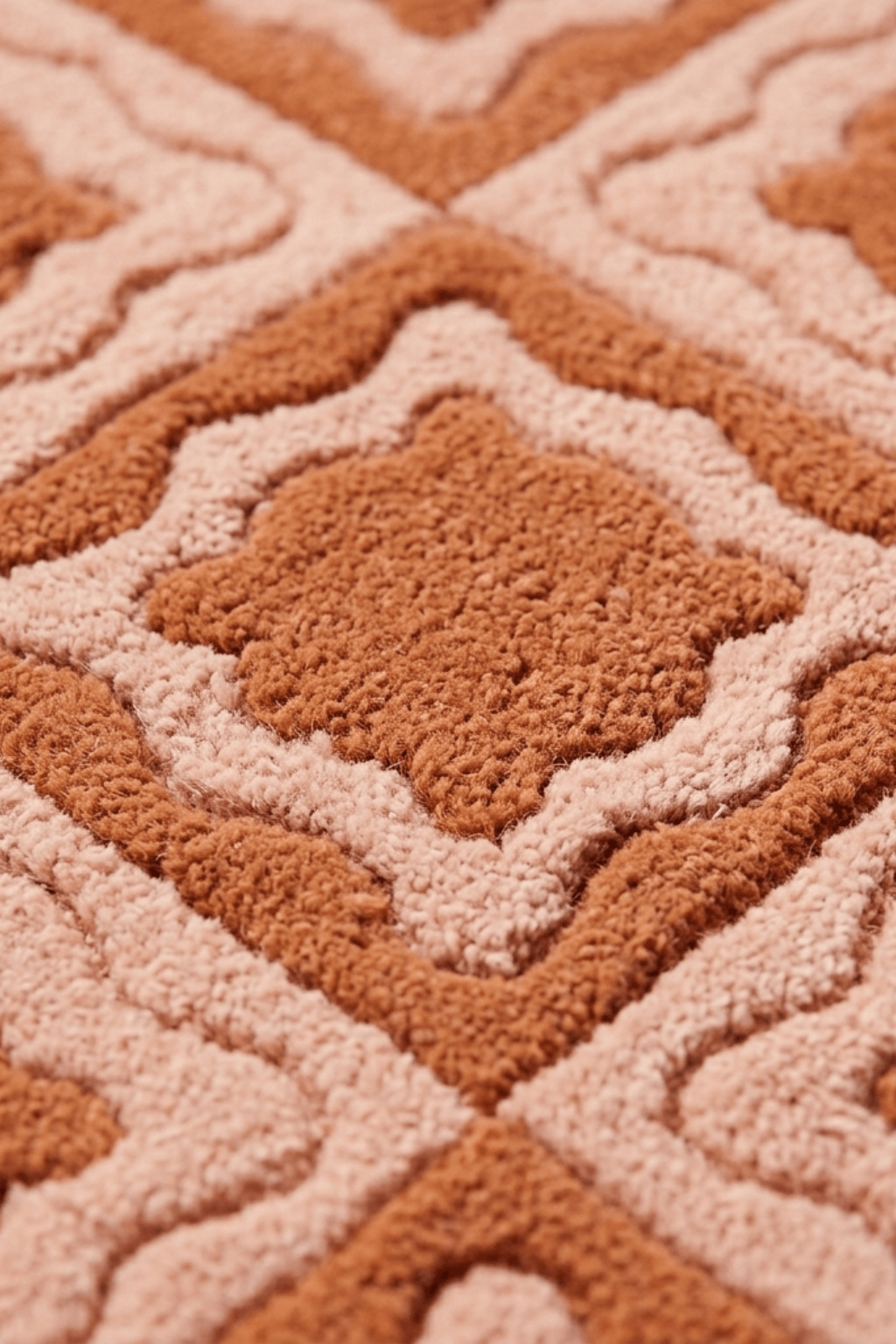 Close-up of the peach mosaic luxe rug showcasing its soft, textured patterns in peach and blush hues.