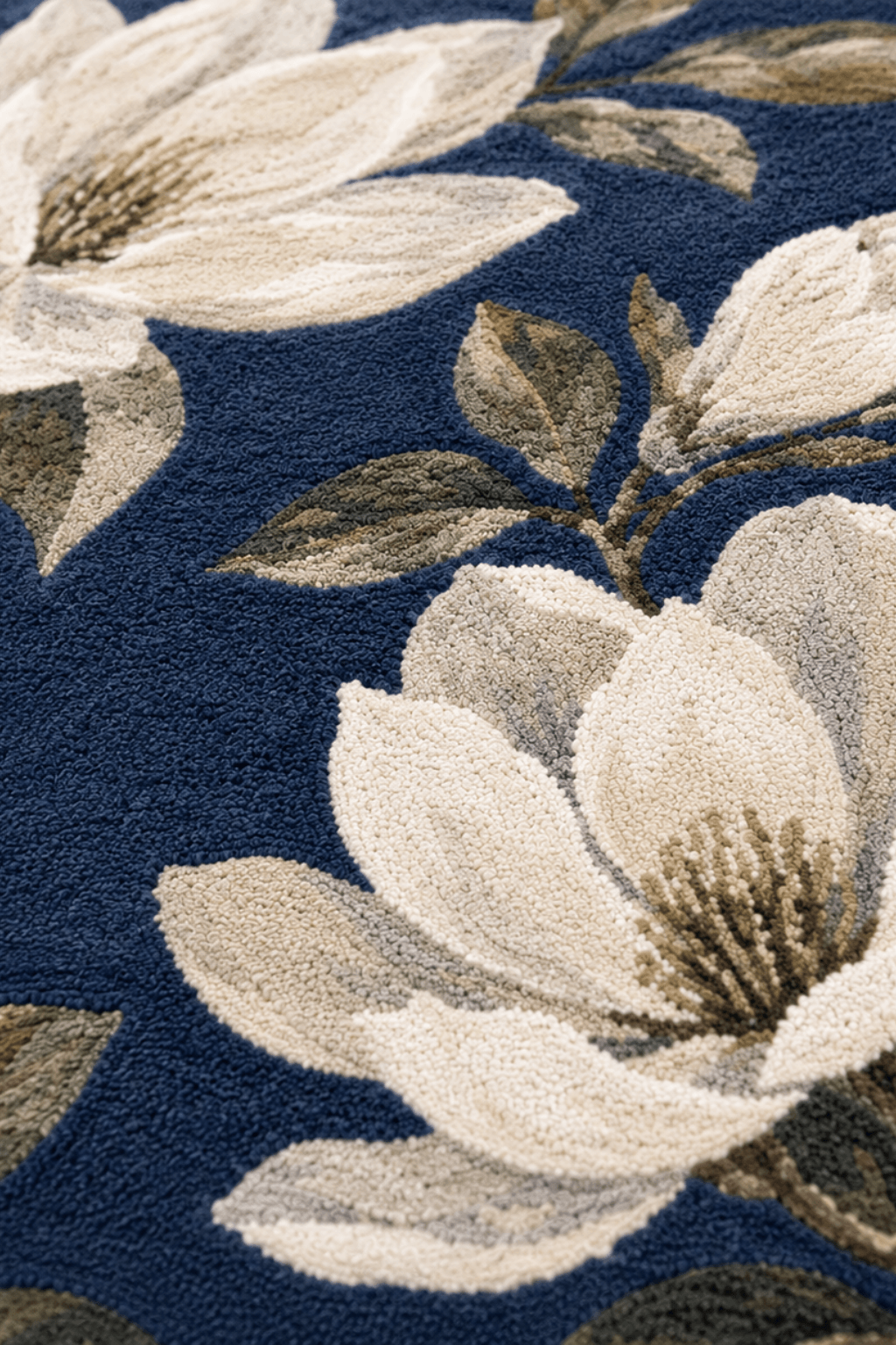 Magnolia bloom hand-tufted rug with oversized florals and painterly leaves on a rich navy background.