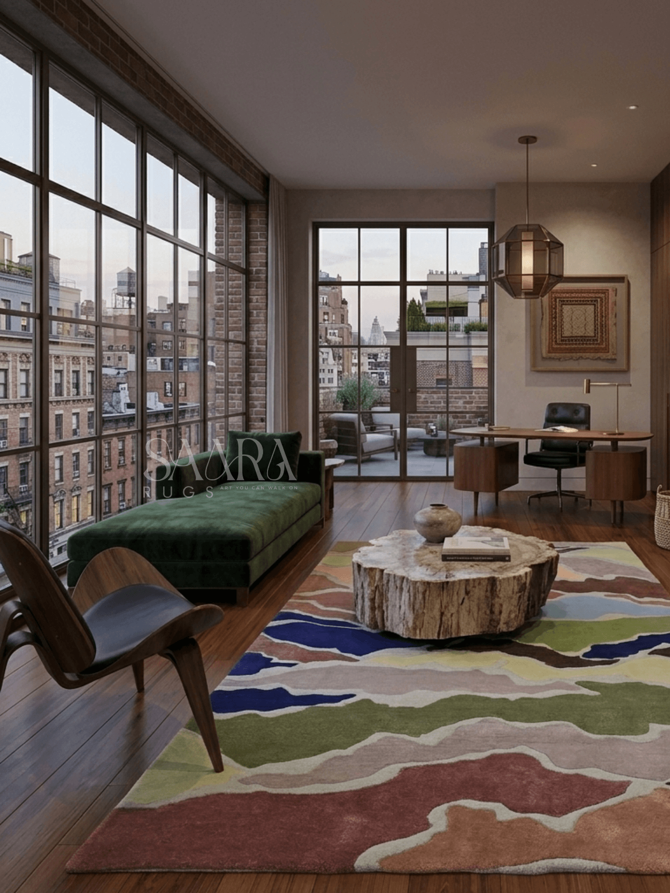 Modern abstract multicolor rug displayed in a stylish living room with large windows and contemporary decor.