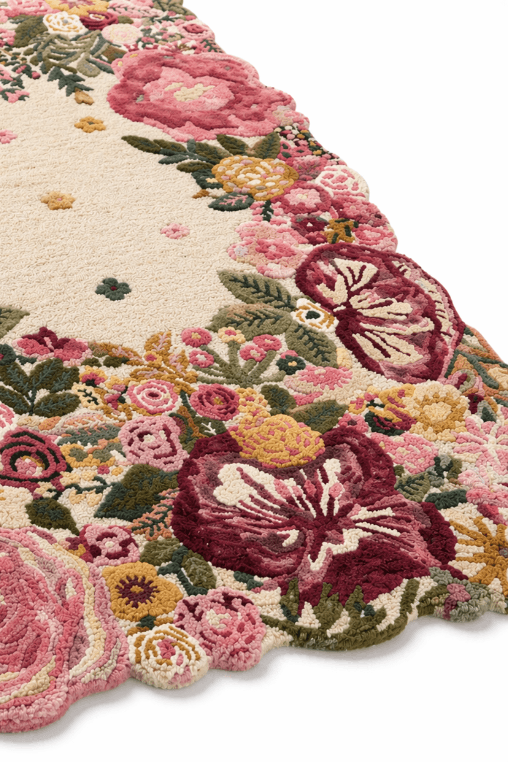 Hand-tufted floral wool rug with a floral sculpted border design showcasing intricate blooms and soft colors.