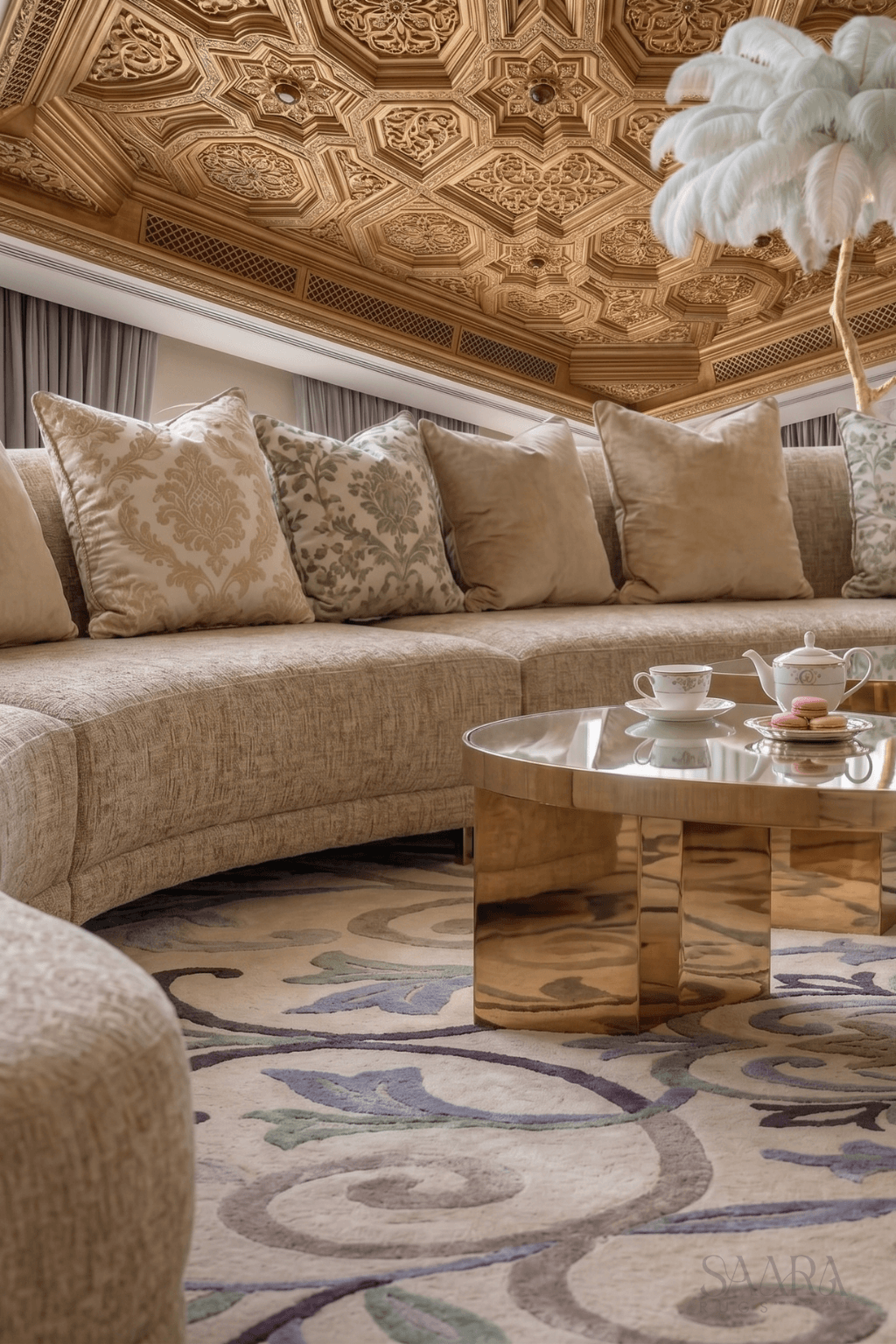 Stylish interior featuring an arabesque area rug, elegant curved sofa, and chic coffee table, enhancing luxury decor.