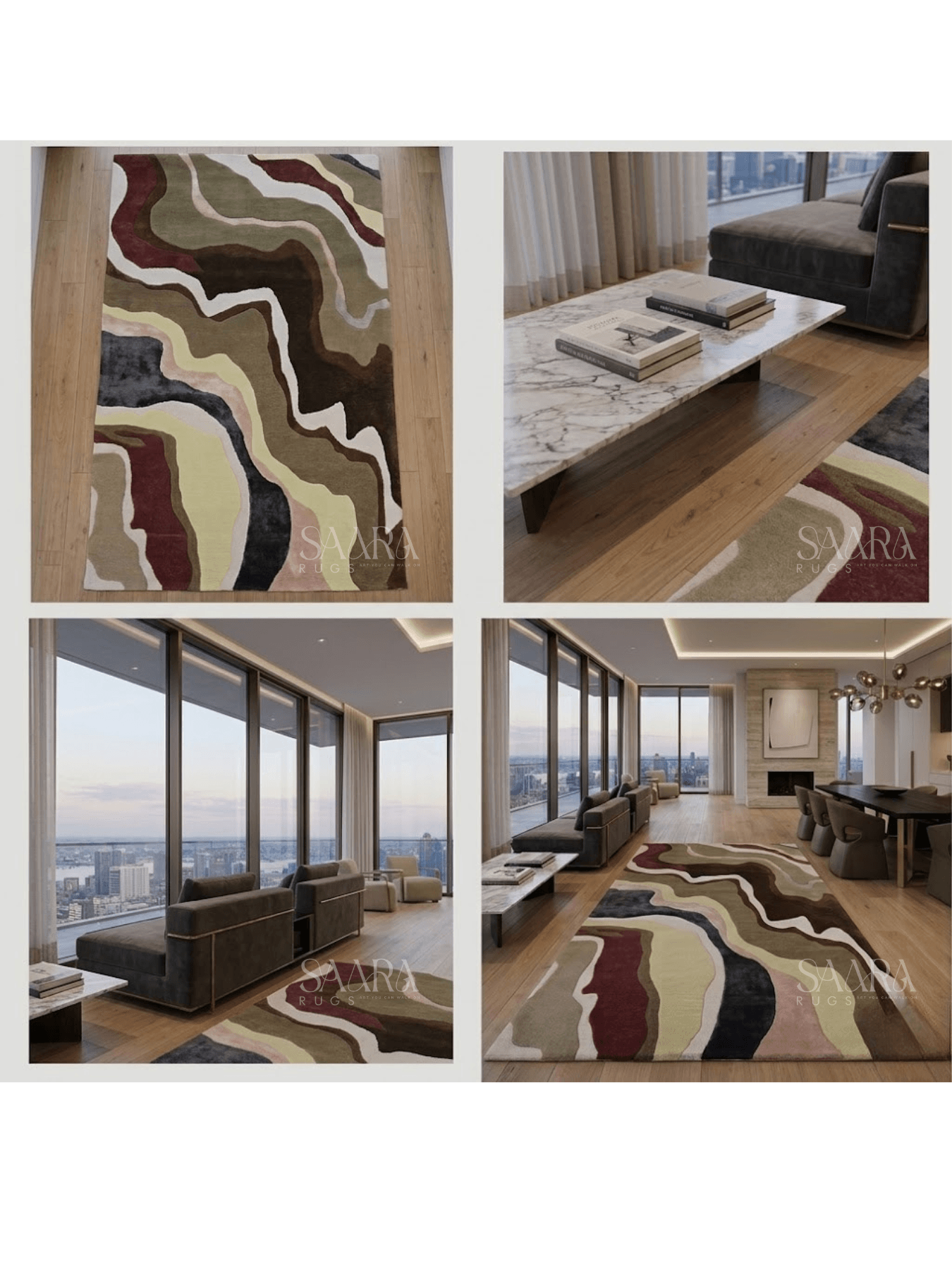 Earth tone abstract rug showcasing organic patterns in earthy colors like olive green, rust, and beige in a modern interior.