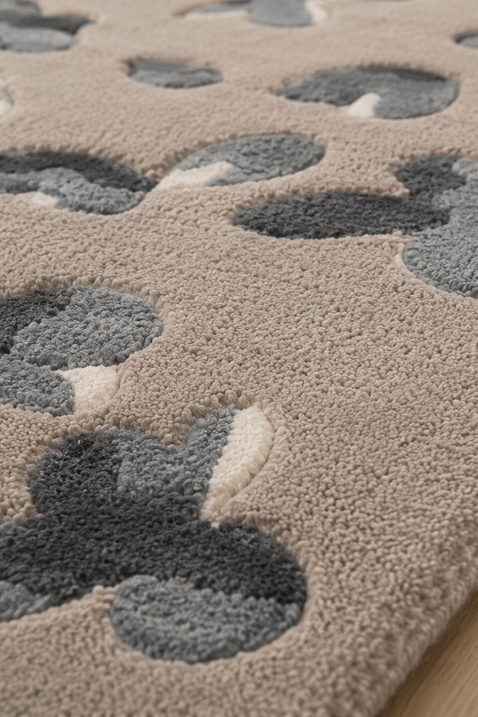 Close-up of the Flutter Veil Rug, a hand-tufted floral rug with butterfly silhouettes against neutral tones.
