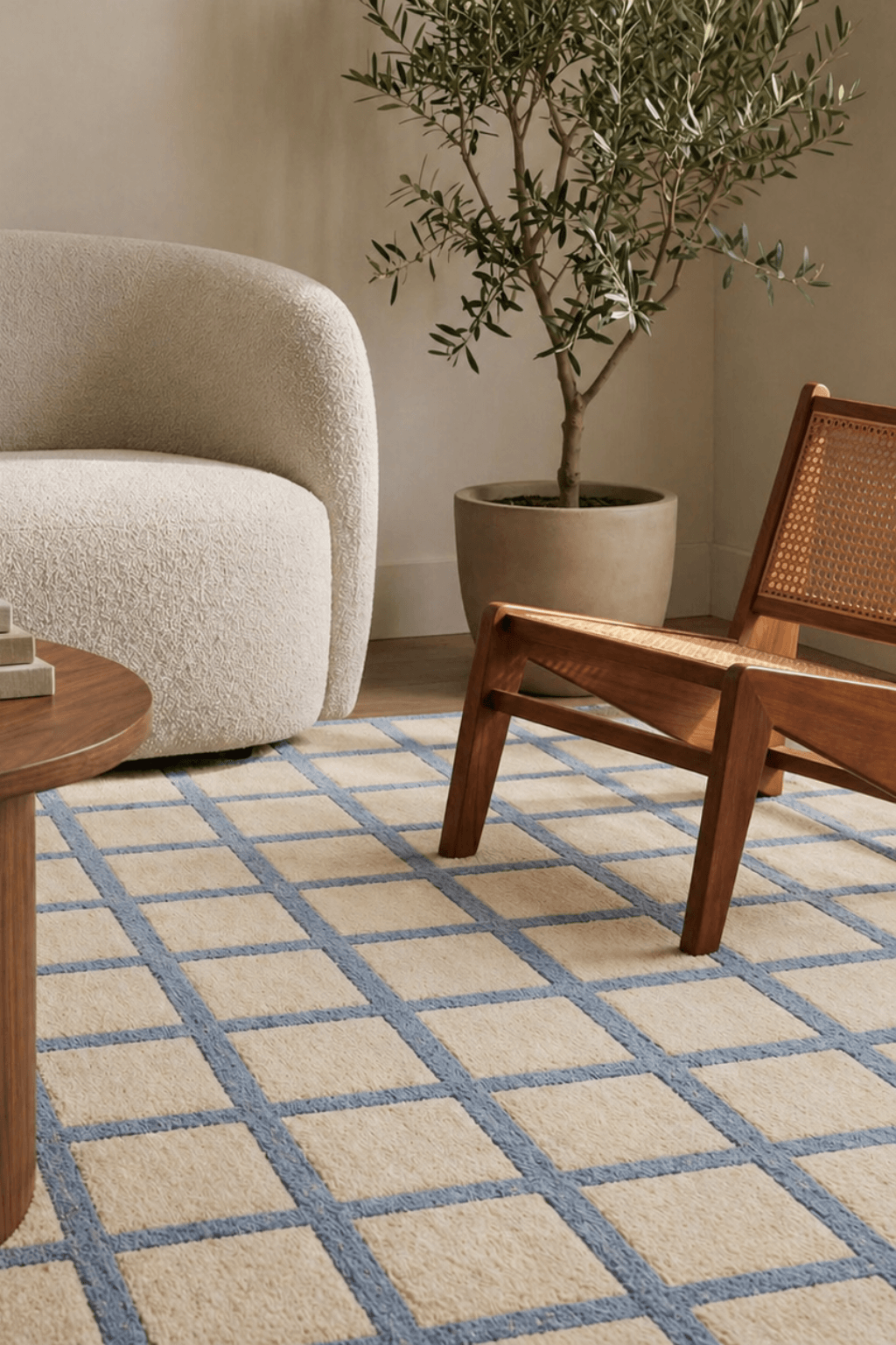 Modern geometric wool rug displayed in a cozy living room setting with a stylish chair and decorative plant.