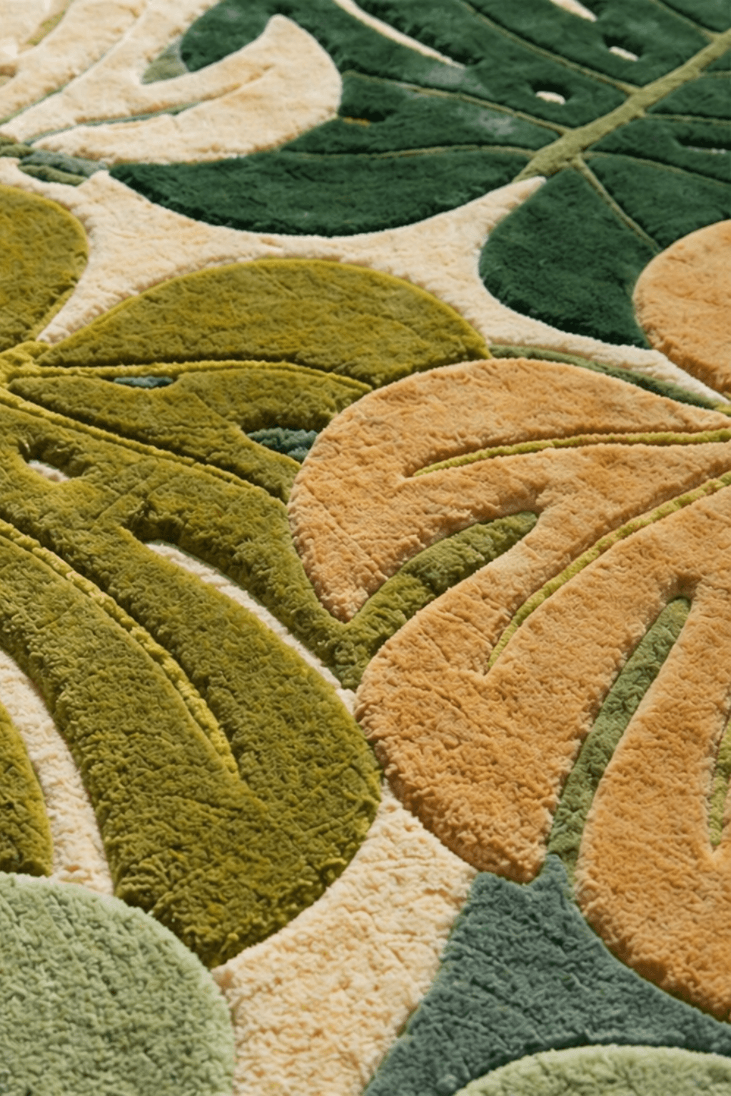Close-up of a monstera leaf rug decor featuring tropical green and earthy leaf designs.
