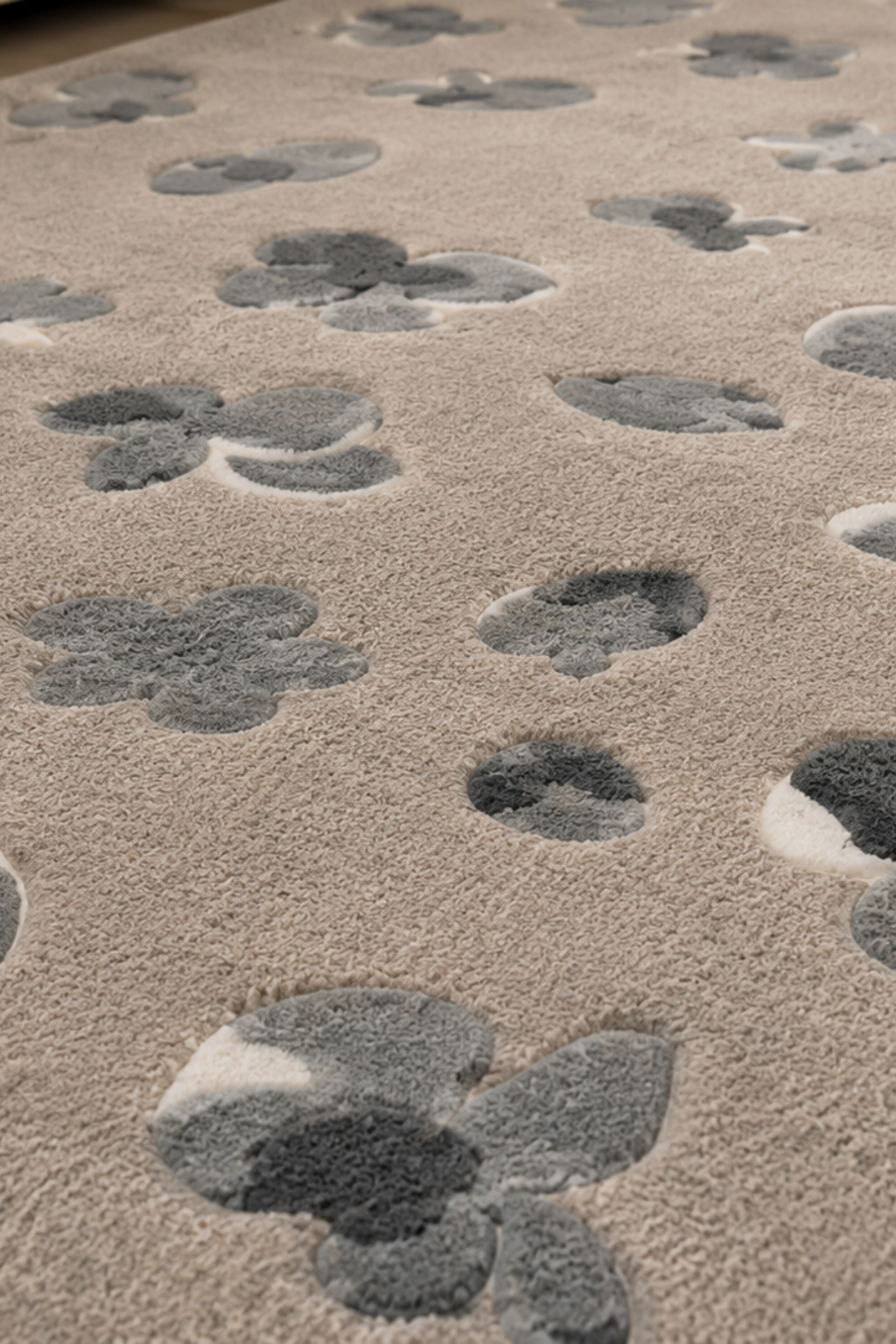 Hand-tufted floral rug featuring a delicate design of gray butterfly silhouettes on a soft neutral base.