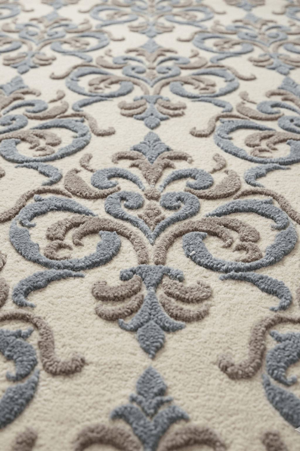 Fleur-de-Lis sculpted medallion rug featuring intricate patterns in slate blue and taupe on a soft cream base.
