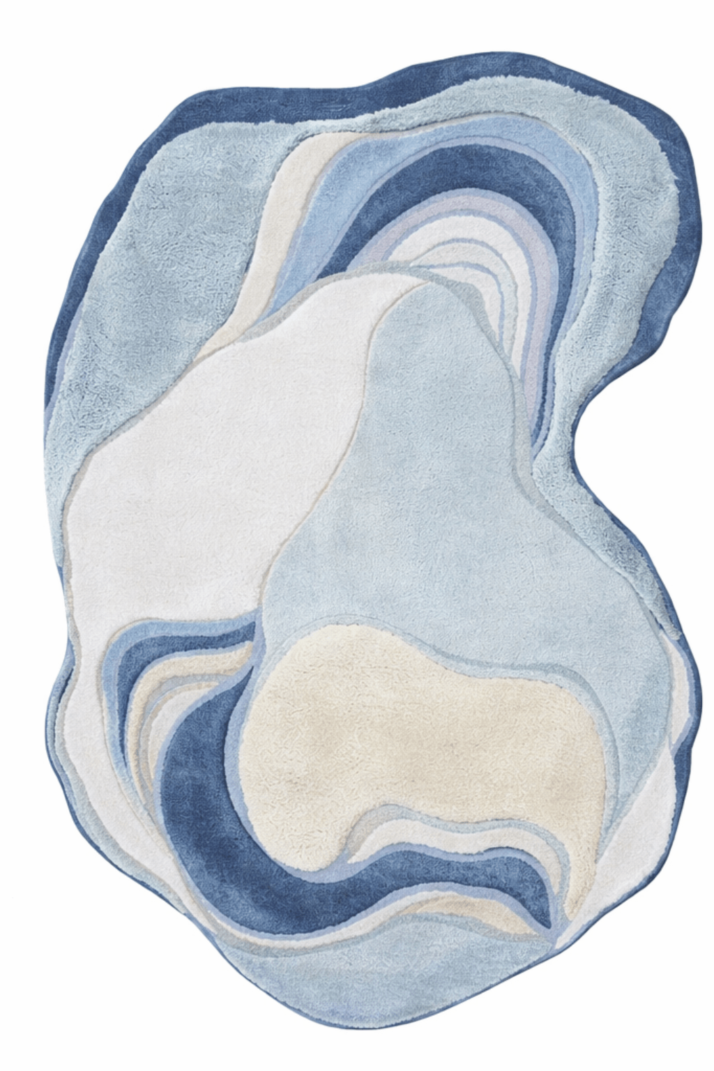 Azure agate contour rug showcasing layered curves in dusty blue, ivory, and muted slate tones.