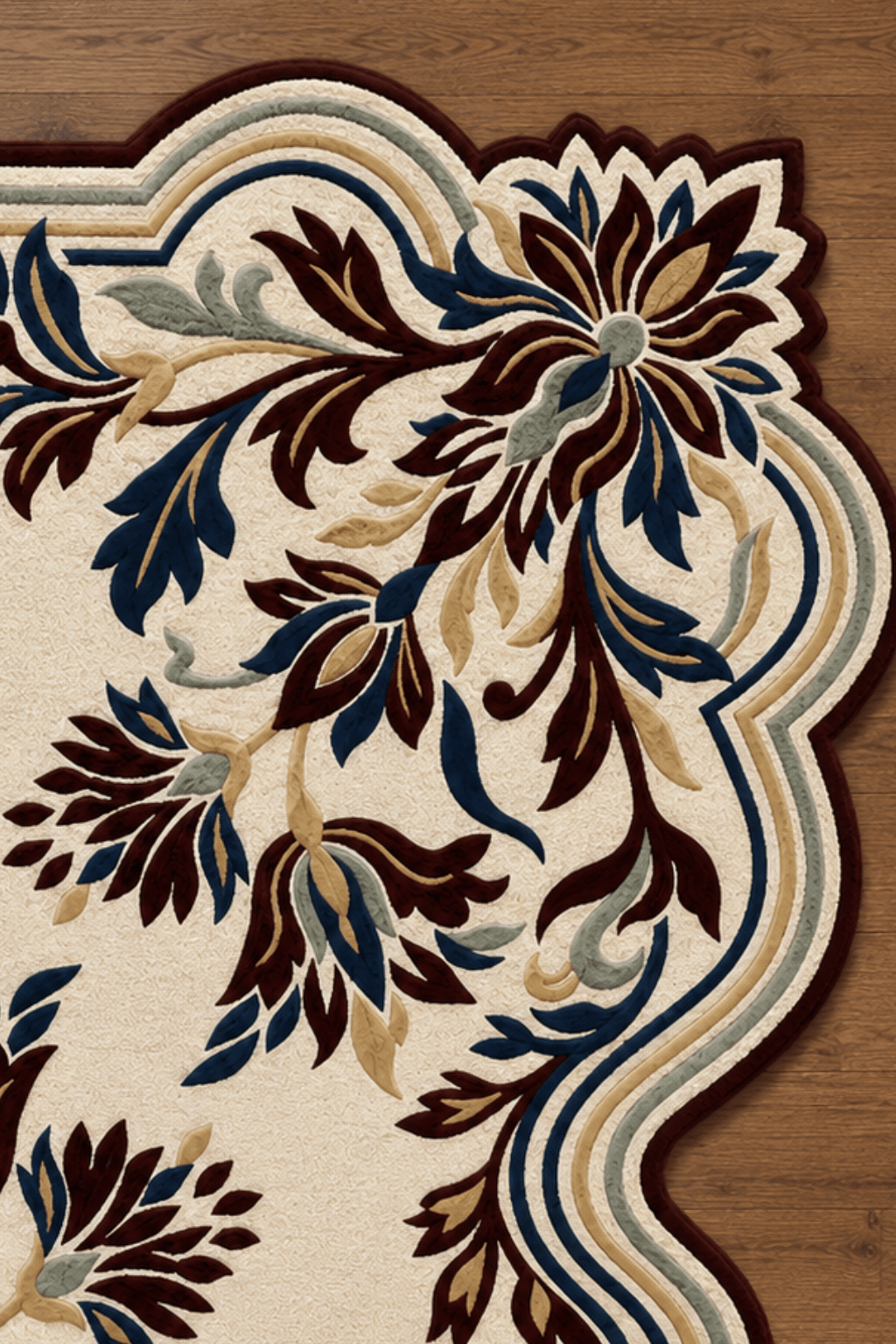 Luxurious floral area rug with rich burgundy and deep navy flowers on an elegant ivory background.