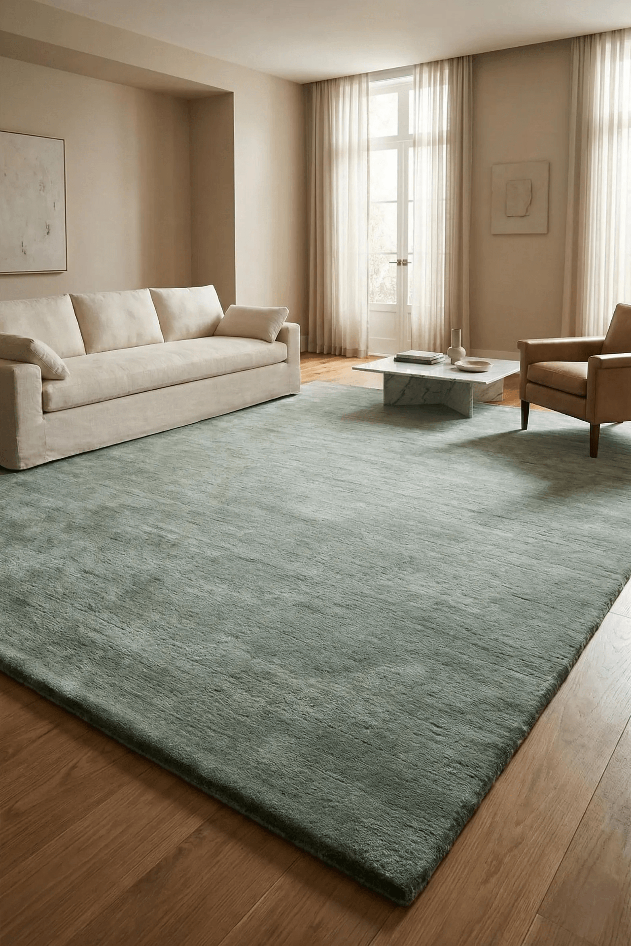 Serene Sage Solid Rug enhancing a modern living room with plush texture and calming green tones.