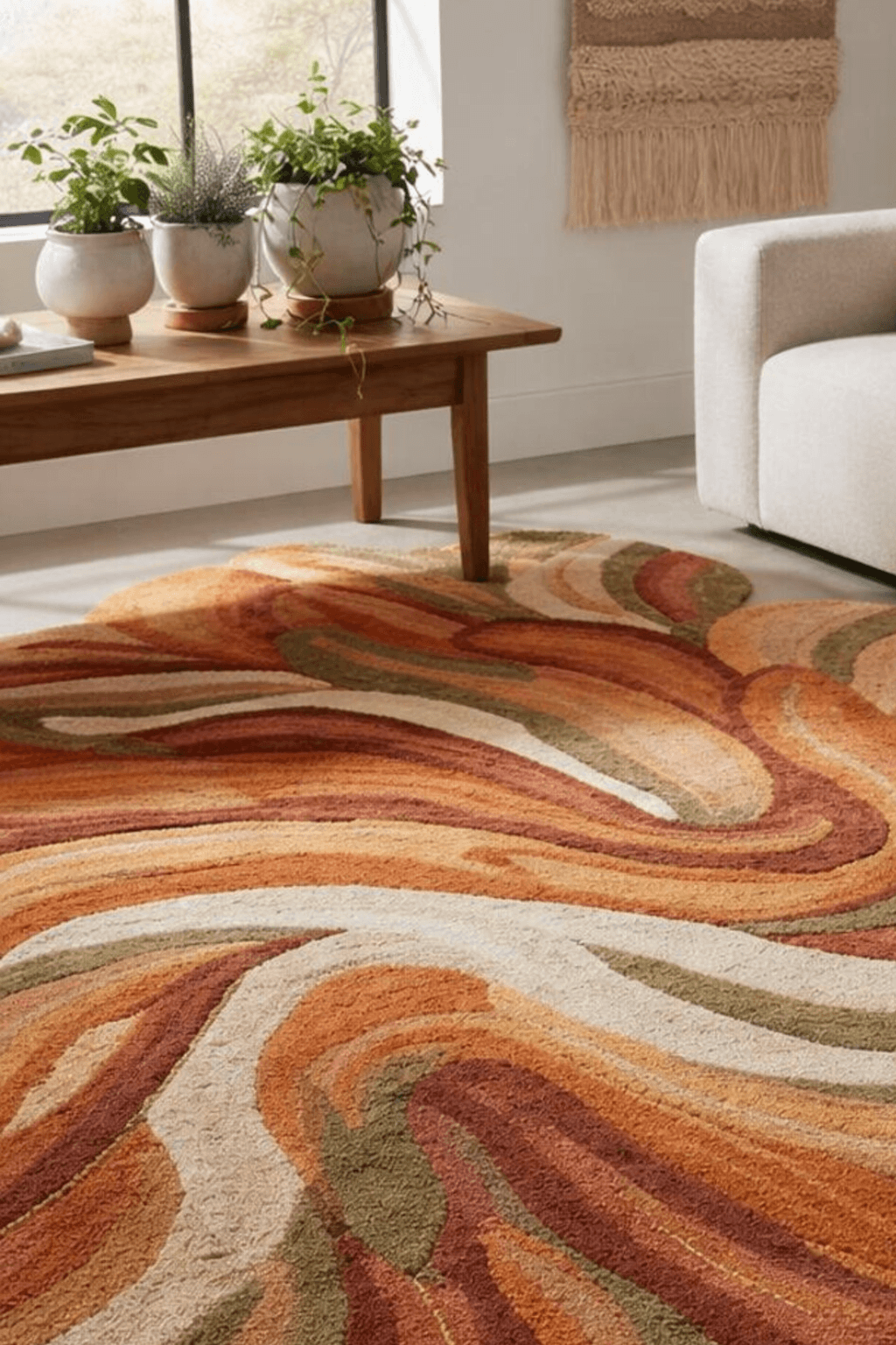 Autumn Flow sculpted rug showcasing organic abstract wool rug patterns in warm tones for modern interior decor.
