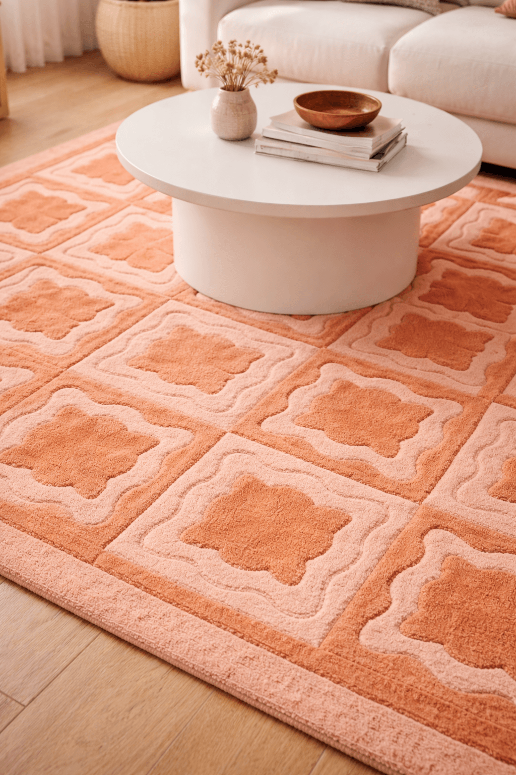 Peach mosaic luxe rug placed under a round coffee table in a modern living room setting.