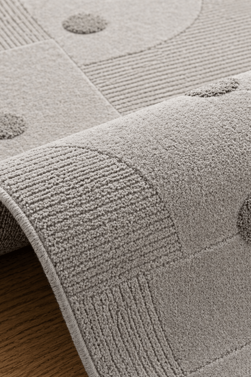 Close-up of the Arc Grid Sculpted Rug, a geometric patterned rug in soothing grey tones showcasing textured patterns.