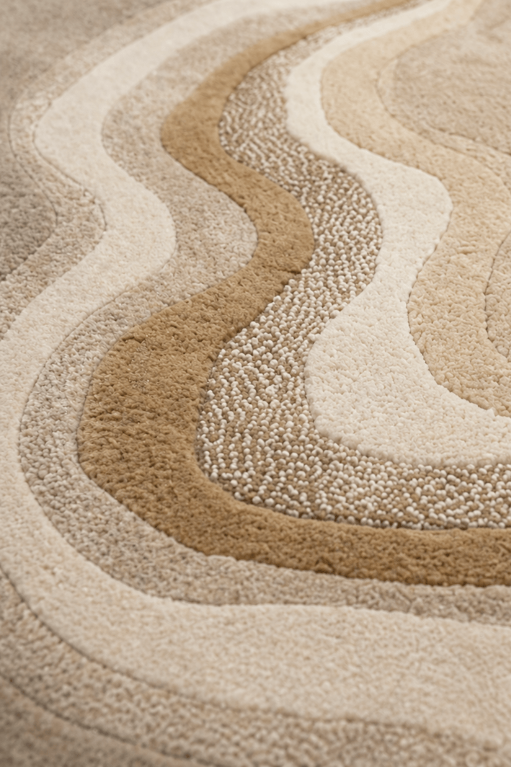 desert sculpted rug showcasing fluid, organic shapes with concentric layers of earthy tones and textures.