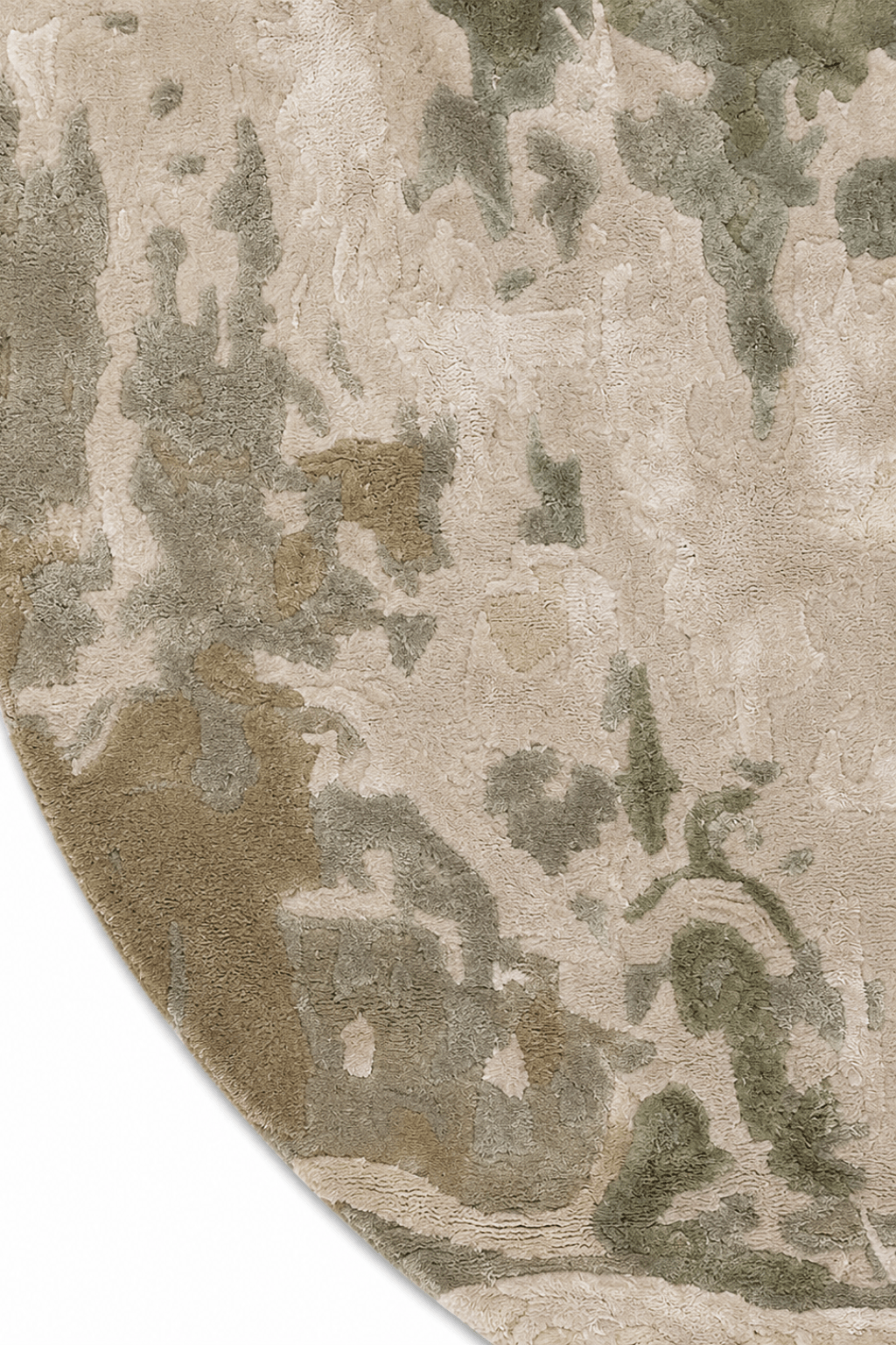 Abstract hand-tufted rug featuring earthy tones and muted olive greens in a circular design.
