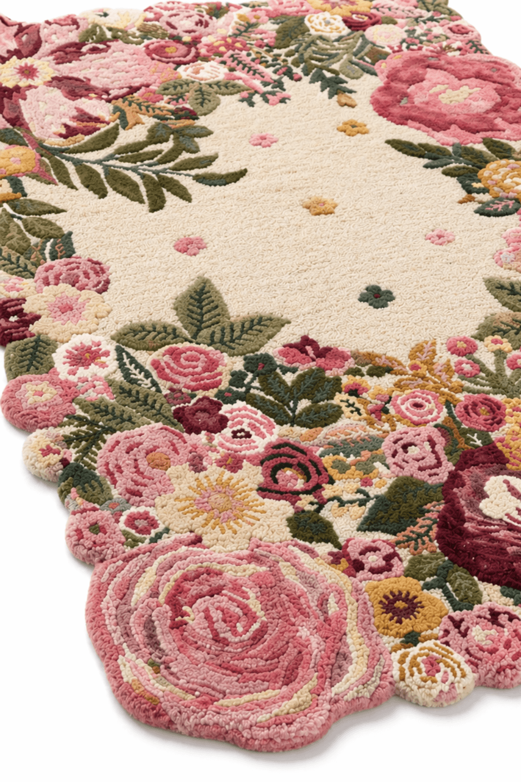Blush Garden hand-tufted floral wool rug featuring a floral sculpted border design and soft ivory field.