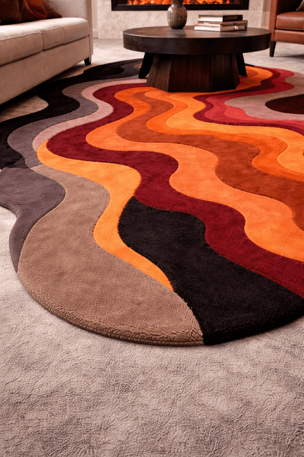 Canyon Flow Contour Rug showcasing flowing designs in warm tones of burnt orange, terracotta, burgundy, and charcoal.