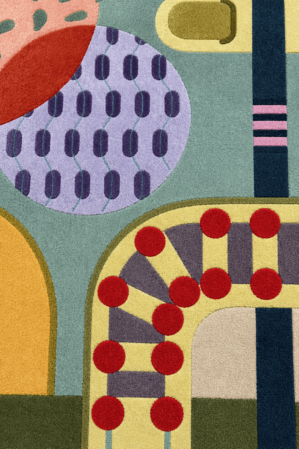 Close-up of modern geo flow sculpted rug showcasing abstract geometric patterns and vibrant colors.