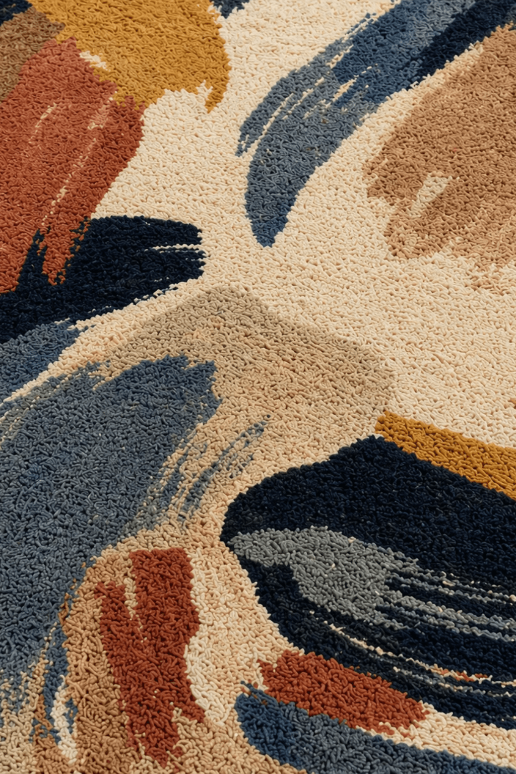 Artistic round area rug with expressive brushstroke design in deep indigo, warm rust, and beige tones.