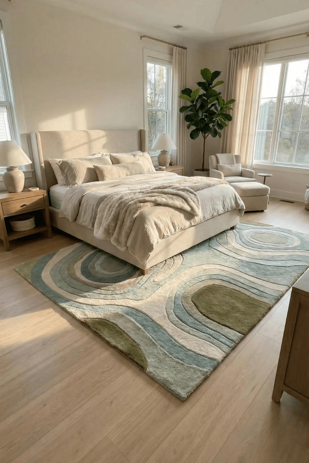 Nature-inspired contour rug in a cozy bedroom setting with organic shapes and calming colors.
