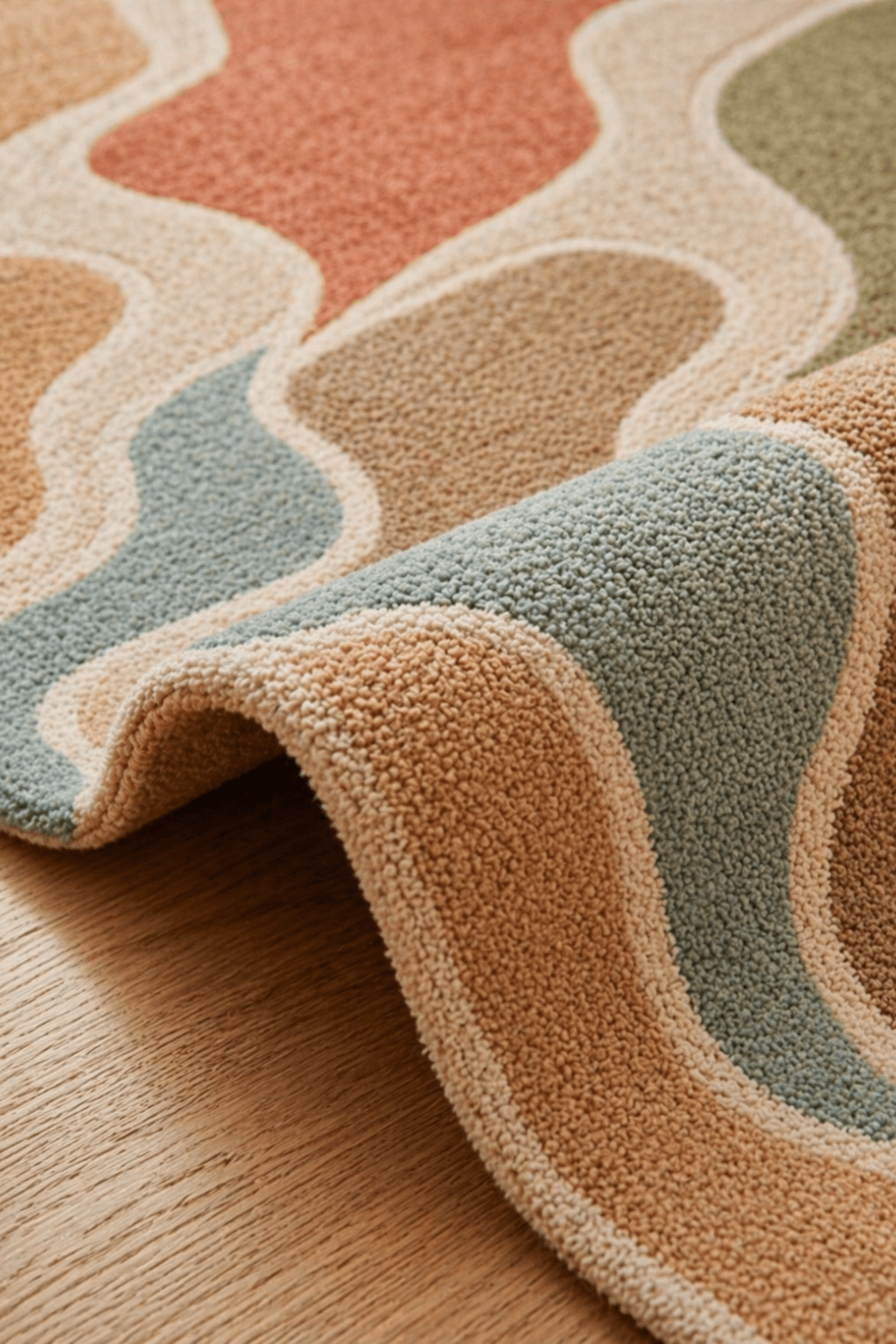 Elaris Flow organic hand tufted rug displaying earthy tones and sculptural contours on a wooden floor.