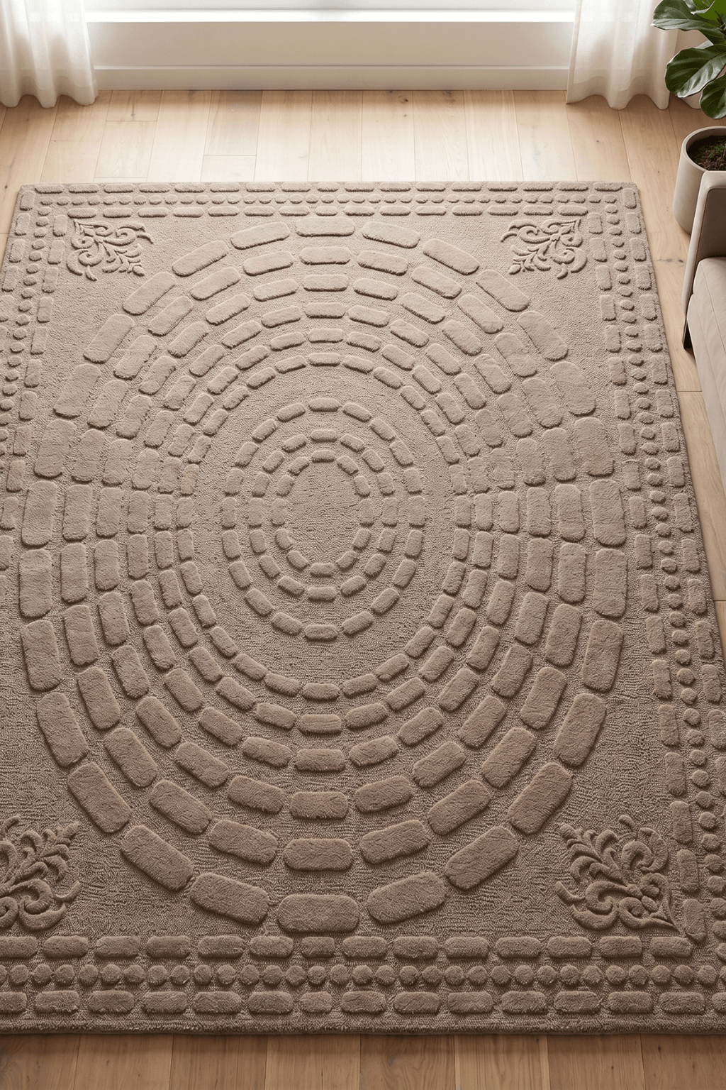 The Concentric Earth Sculpted Rug featuring intricate high-low pile and textured concentric pattern in mocha-taupe.