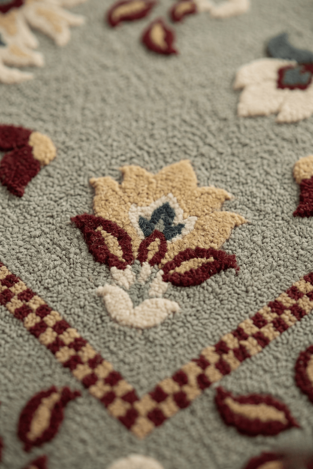 Close-up of Grand Medallion Heritage Rug showing intricate floral patterns in muted sage-blue, crimson, and golden-honey colors.