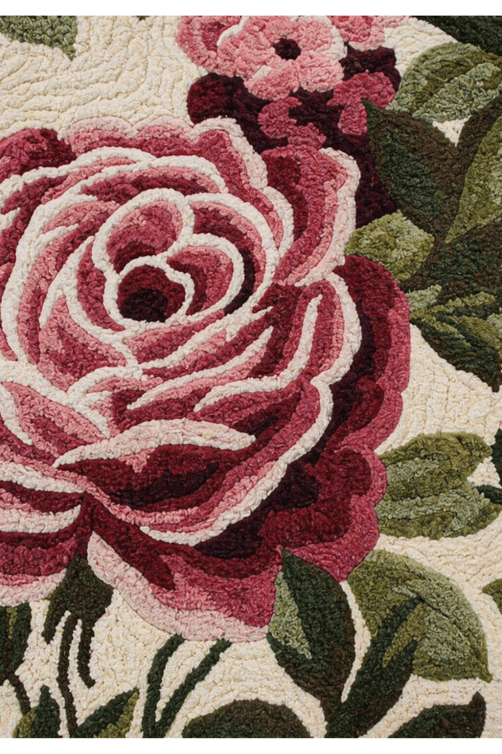 Close-up of a vintage floral garden rug featuring rich burgundy and soft blush roses against earthy greens.