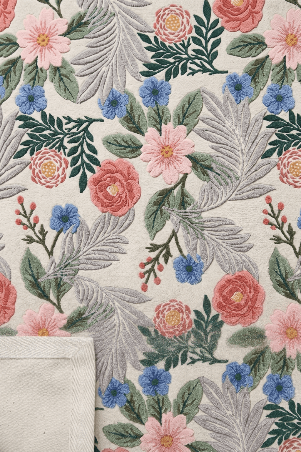 Blush meadow floral wool rug with ivory base and blooming florals in blush pink, soft coral, powder blue, and sage greens.