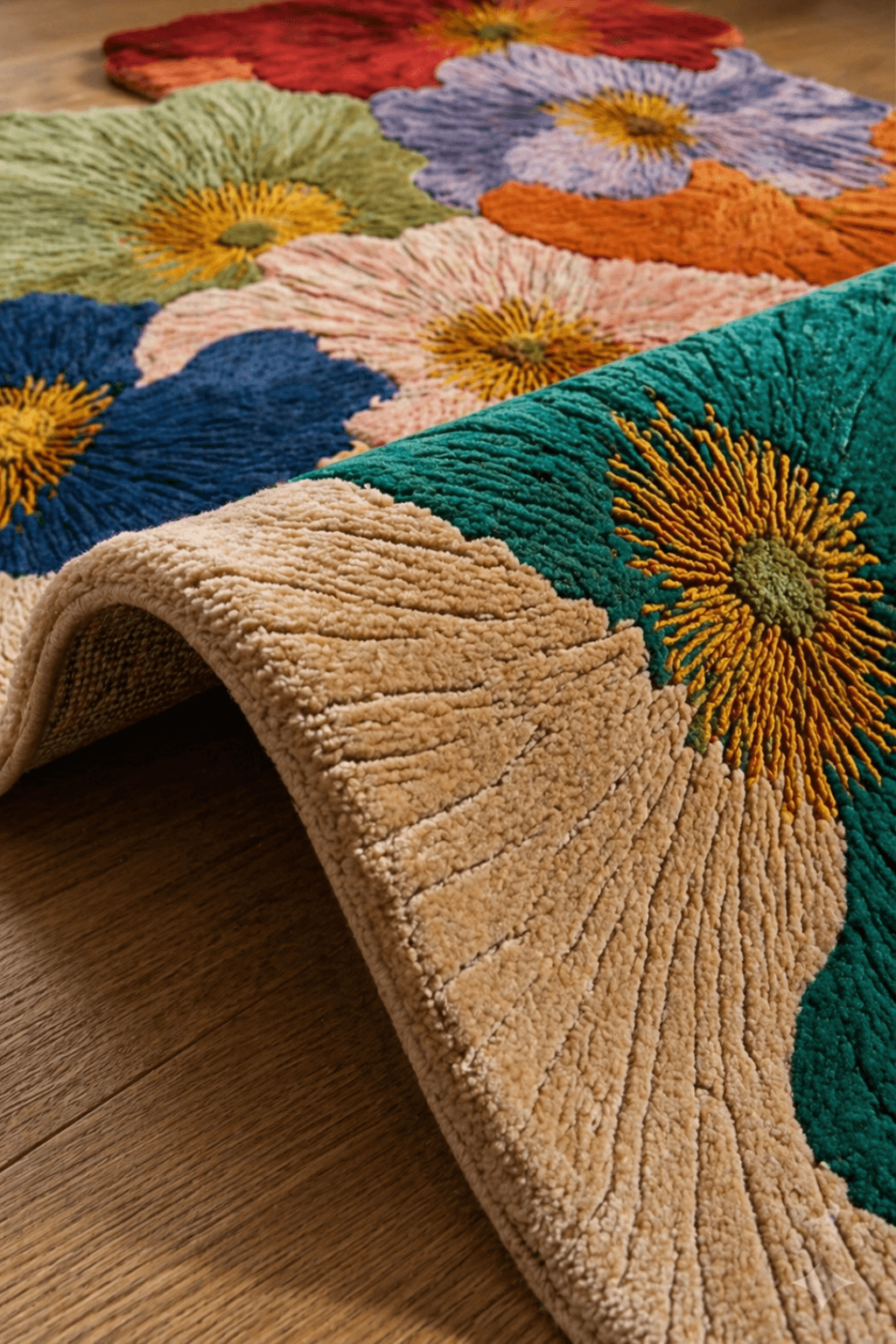 Close-up of a Bloomscape sculpted floral rug featuring colorful flowers and a textured design.