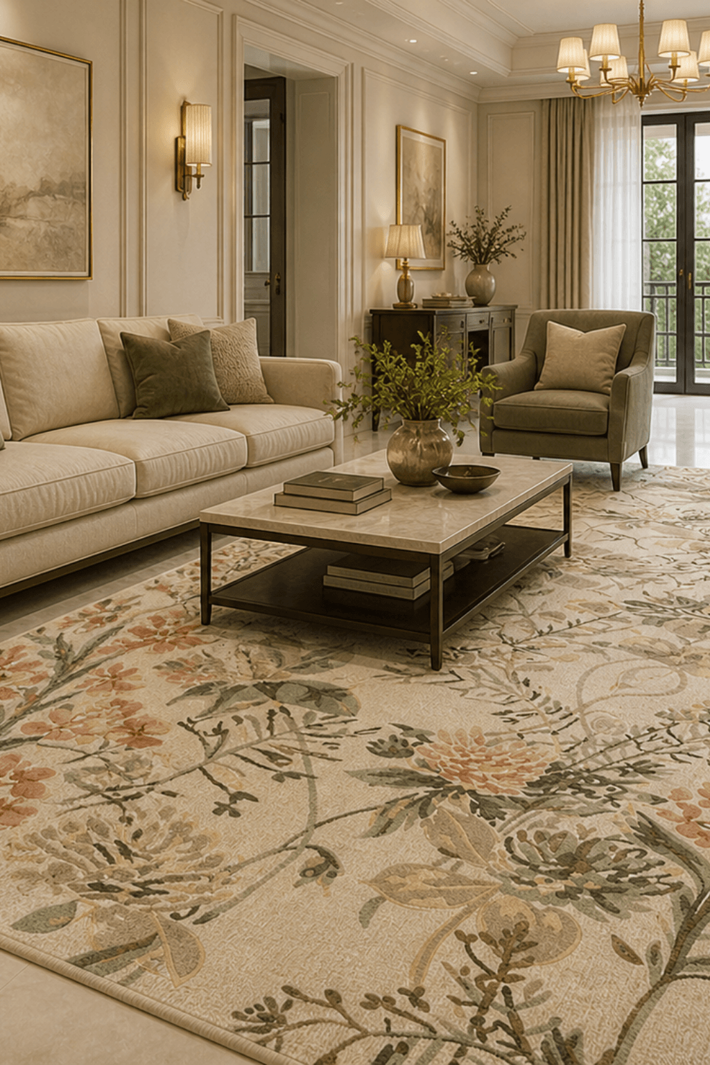 Blossom Meadow Soft Neutral Luxe Rug in a cozy living room, featuring a neutral luxe floral rug with elegant botanical designs.