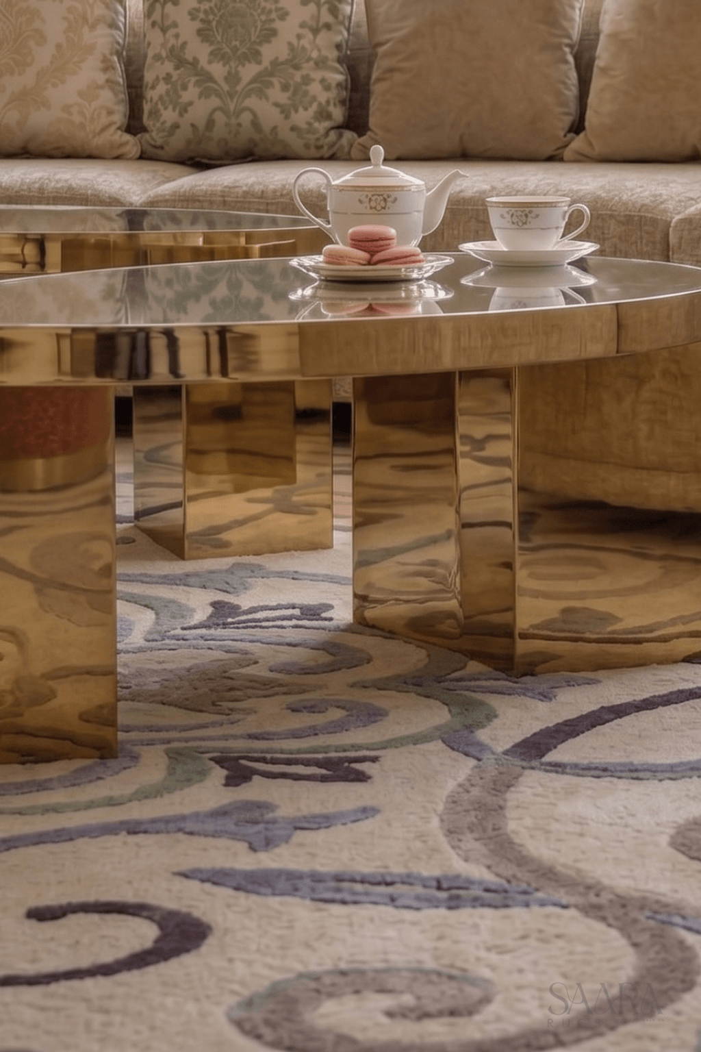 Arabesque area rug under a modern golden coffee table with tea set and decorative pillows in the background.
