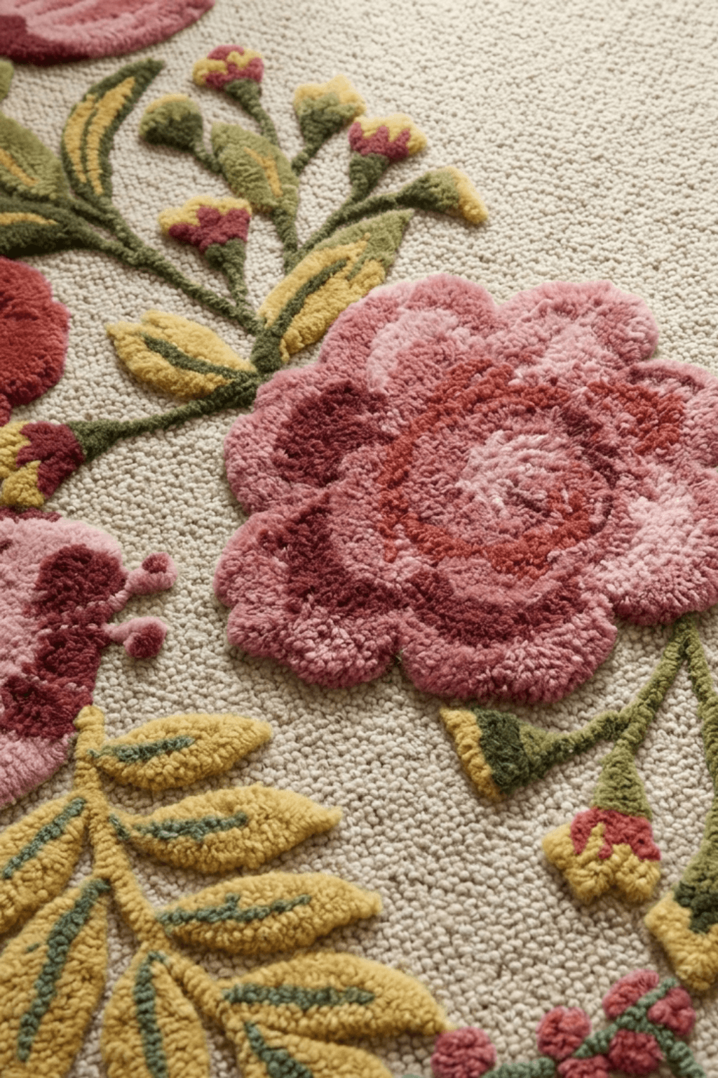 Floral Relief Hand-Tufted Rug featuring vibrant pink and yellow floral motifs with a textured background.