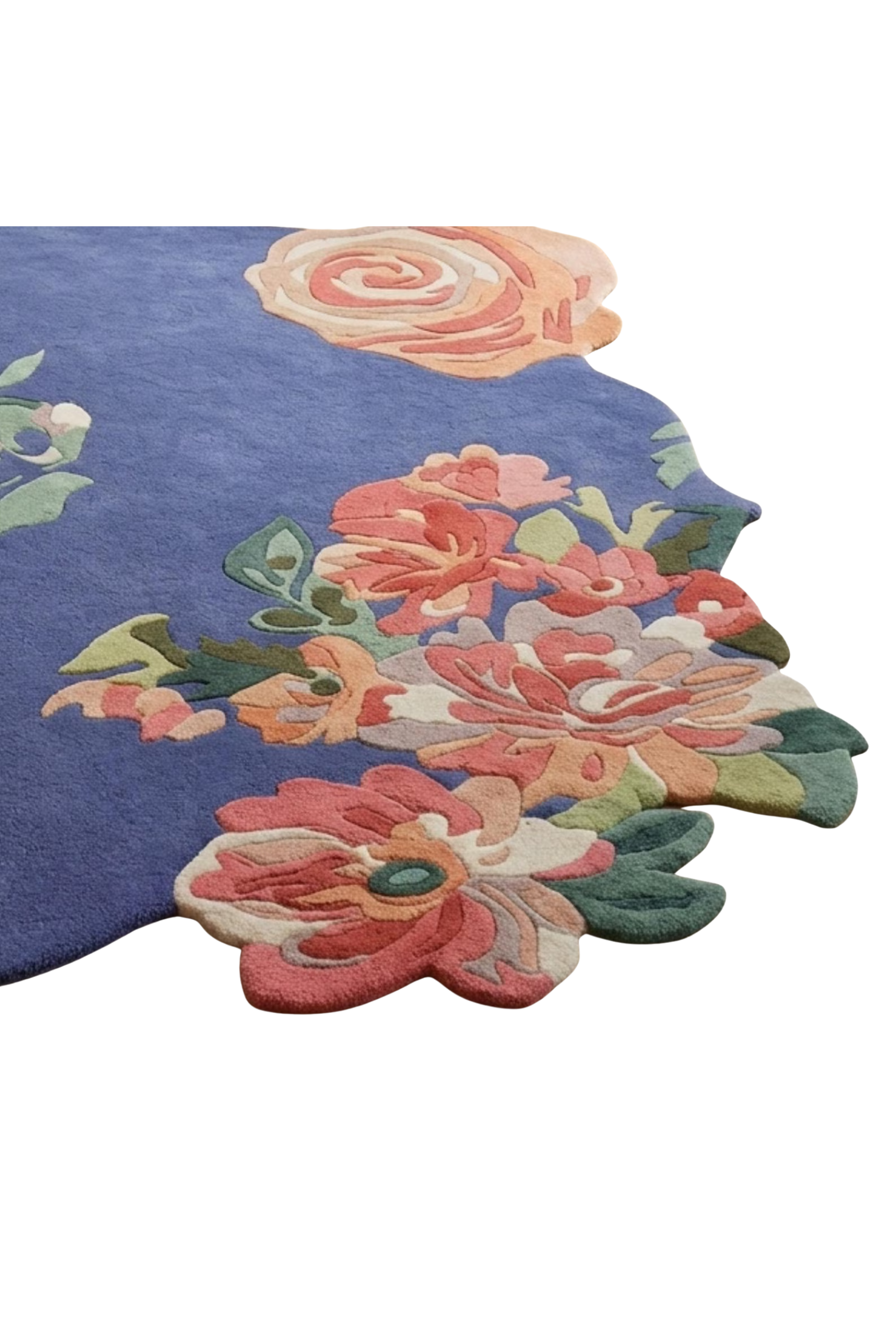 Floral hand-tufted rug featuring vibrant blooming patterns on a blue canvas.