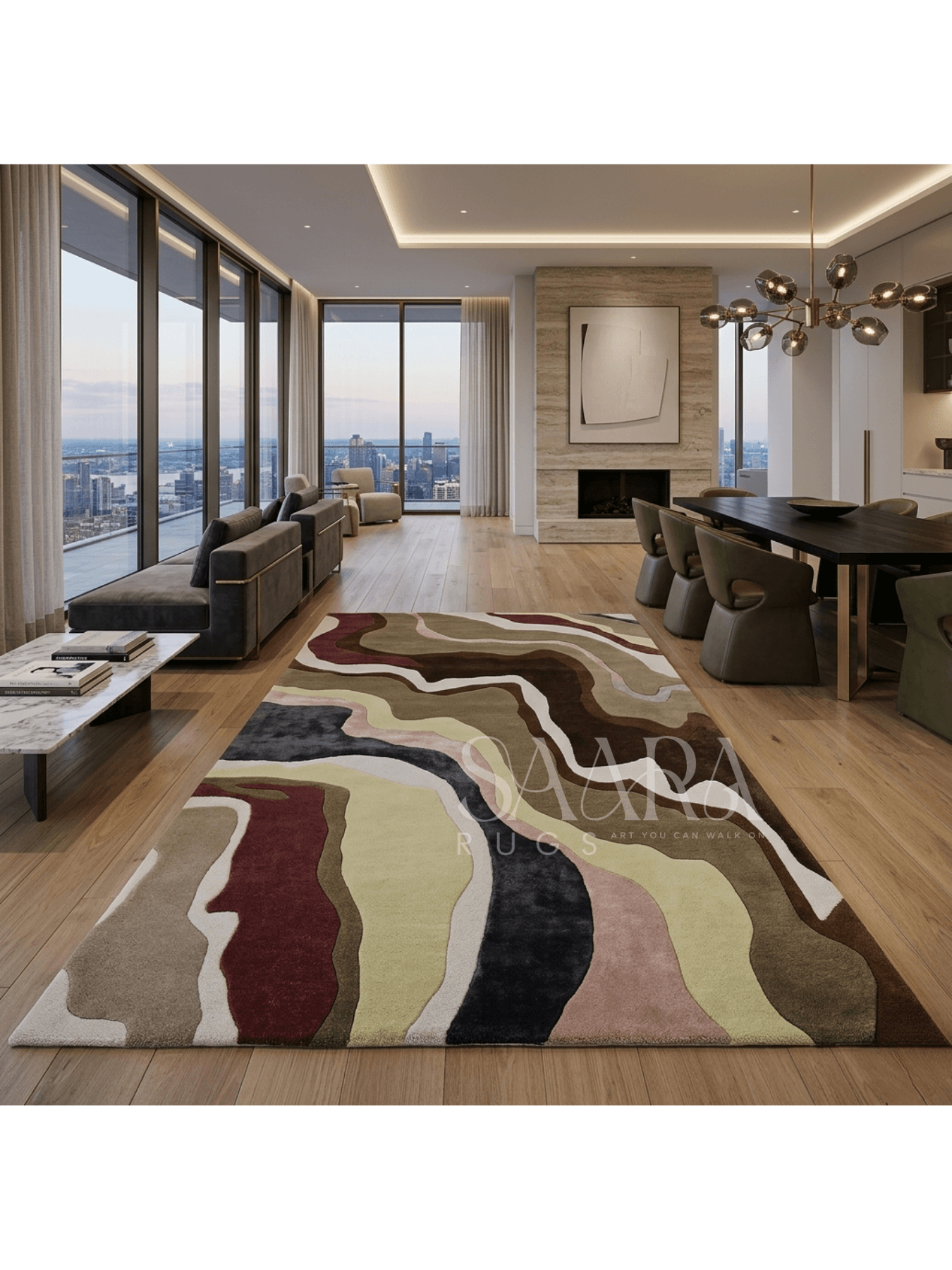 Abstract Earth Tone rug in a modern interior featuring earthy colors, showcasing an organic pattern for contemporary decor.