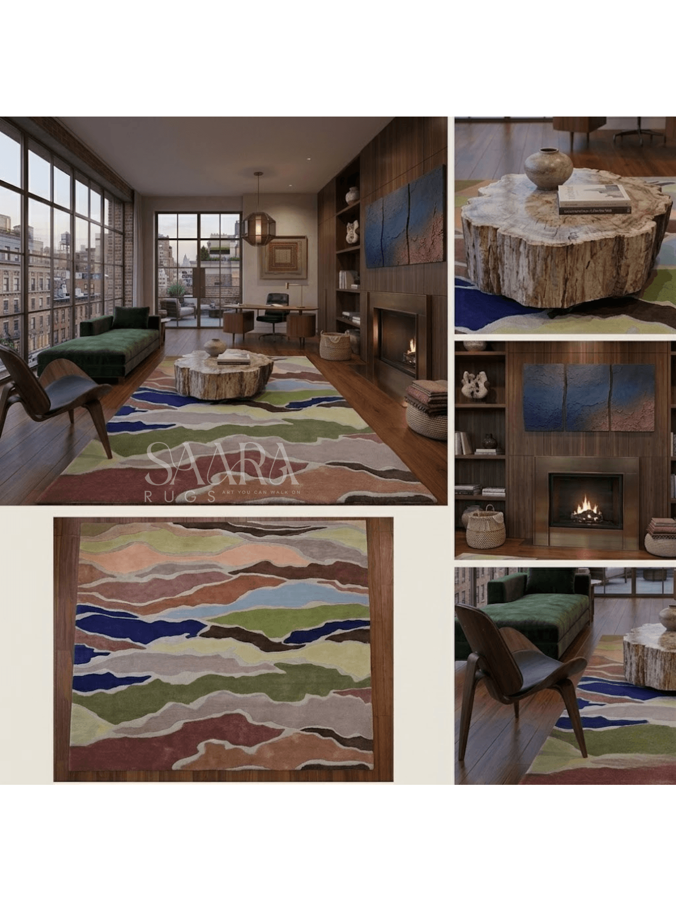 Modern abstract multicolor rug showcased in a stylish living room, featuring vibrant colors and artistic design.