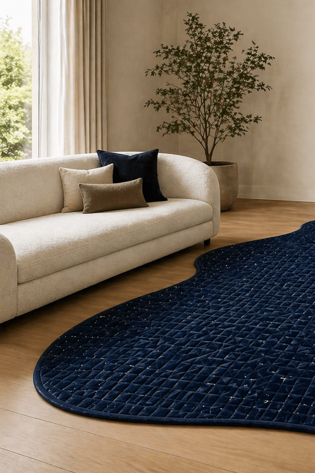 Decorative origami sculpture rug placed in a stylish living room with a beige sofa and green plant.