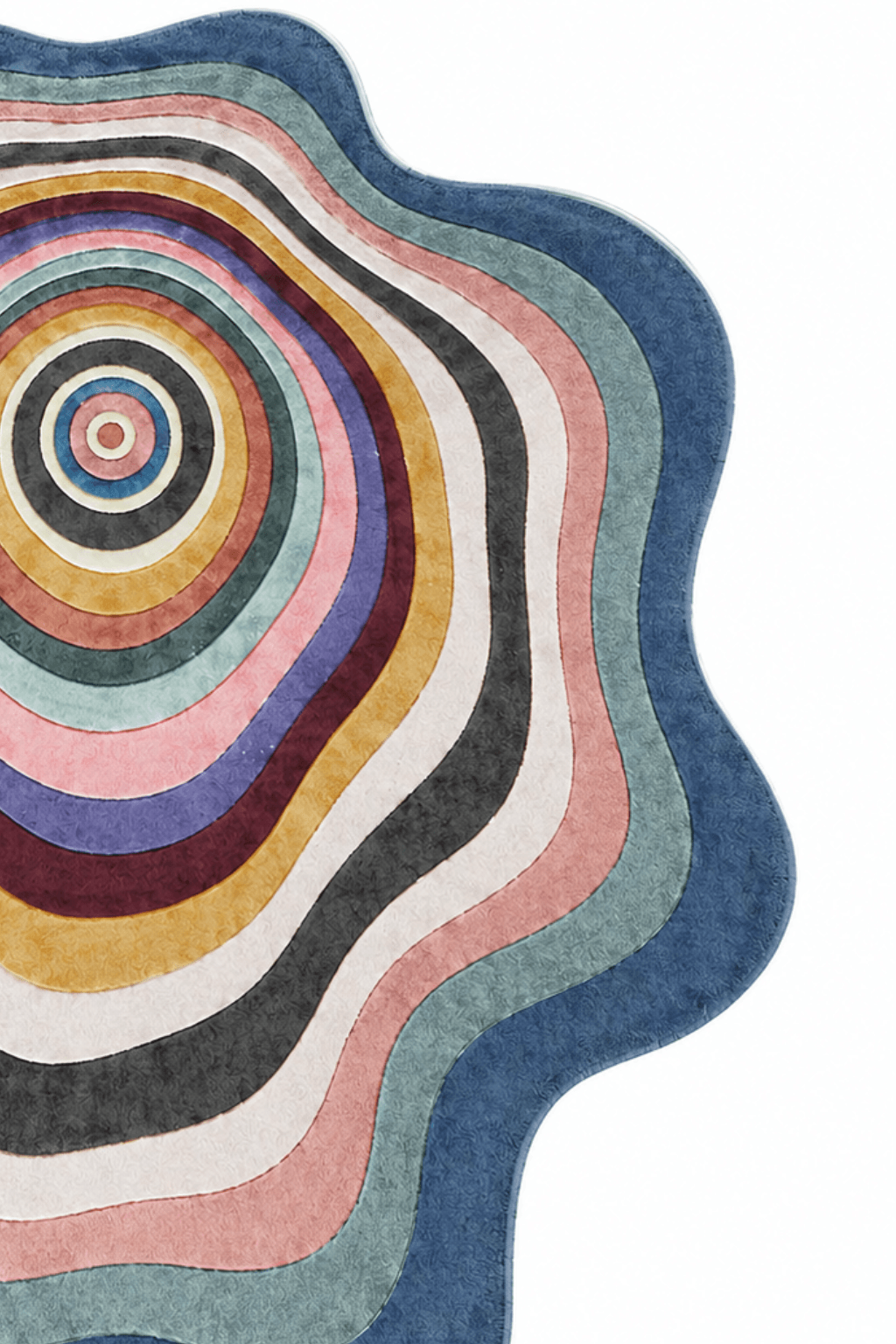 Celestial ripple rug featuring concentric flowing bands in soft pastels, designed for a vibrant, abstract look.